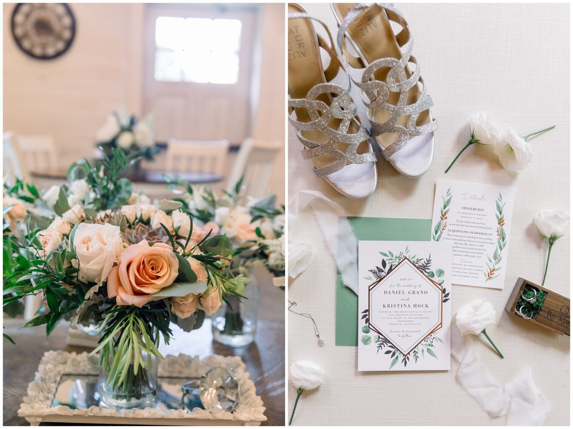 Wedding flat lay with cream roses, invitations, white shoes, and green accents on a white background