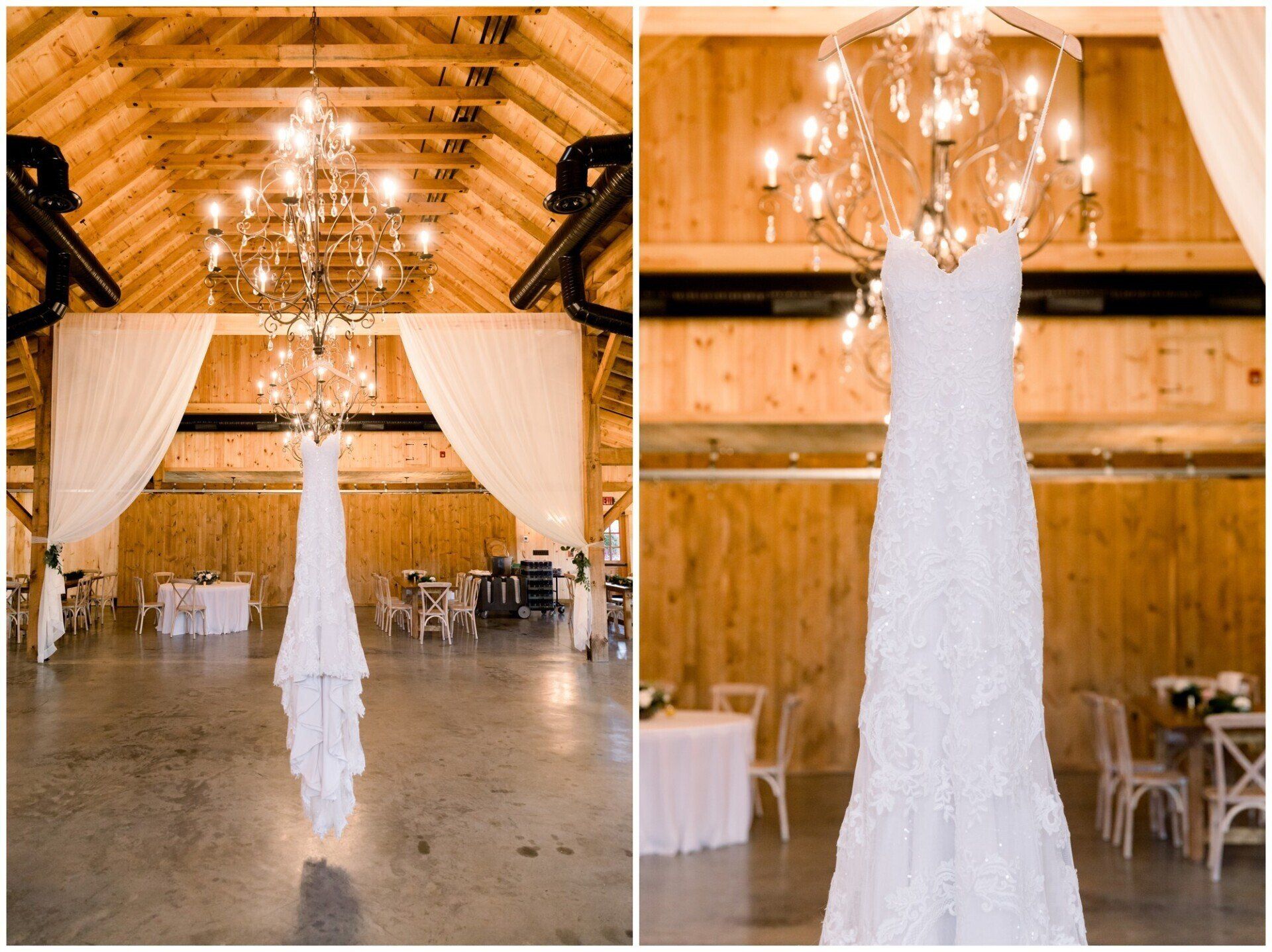 Wedding dress displayed in a rustic barn venue under chandeliers