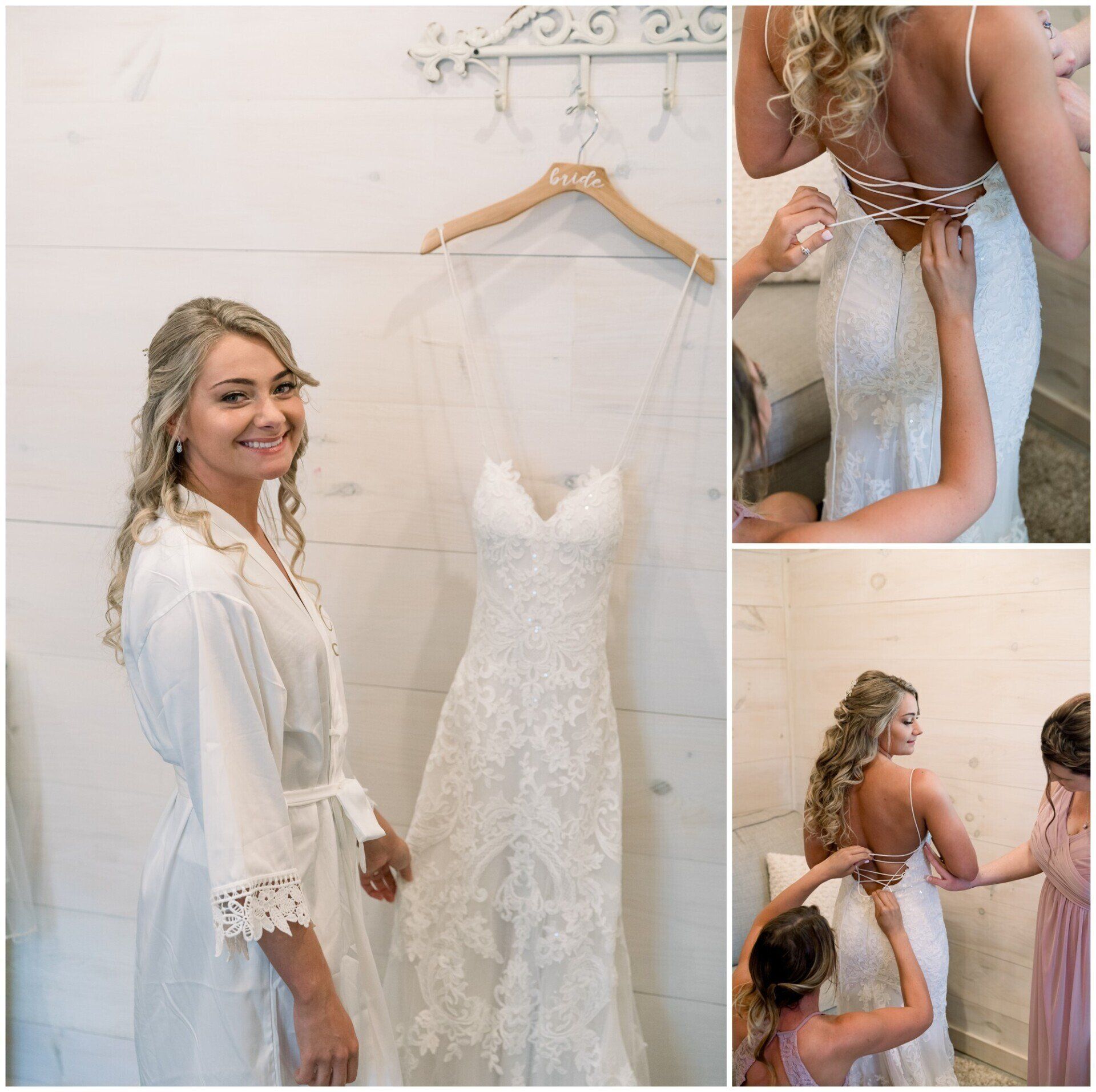 Bride smiling beside lace wedding dress, shown tying back and helping with fitting in a boutique collage