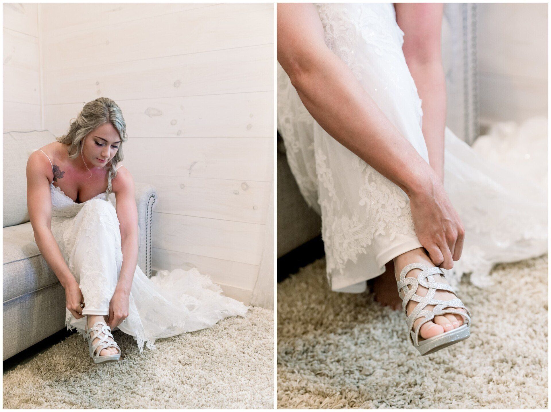 Bride adjusting white lace wedding dress and strappy heels in a bright room