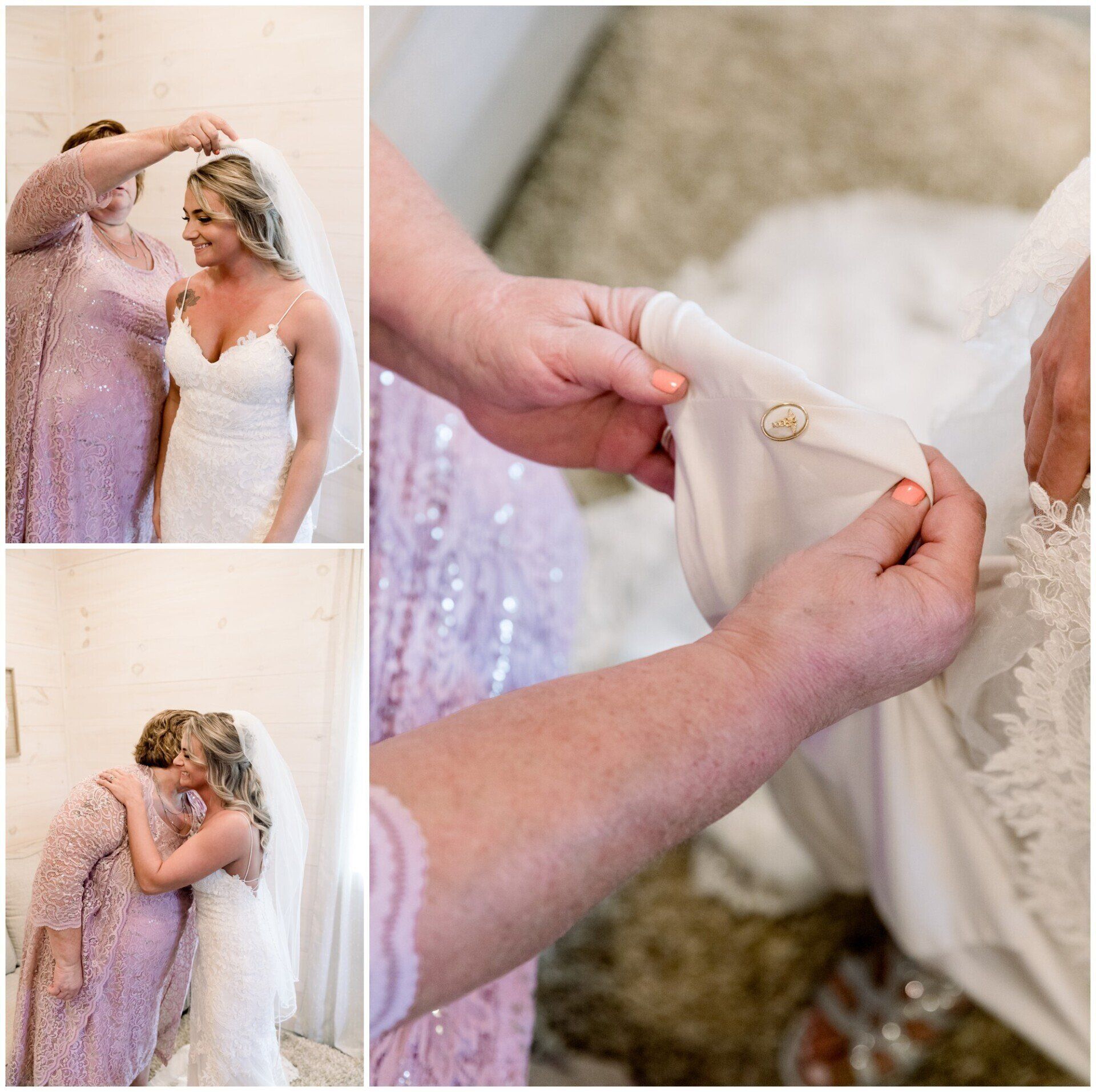 Bride and attendant adjusting dress details during wedding prep, with a close-up of hands fastening fabric.