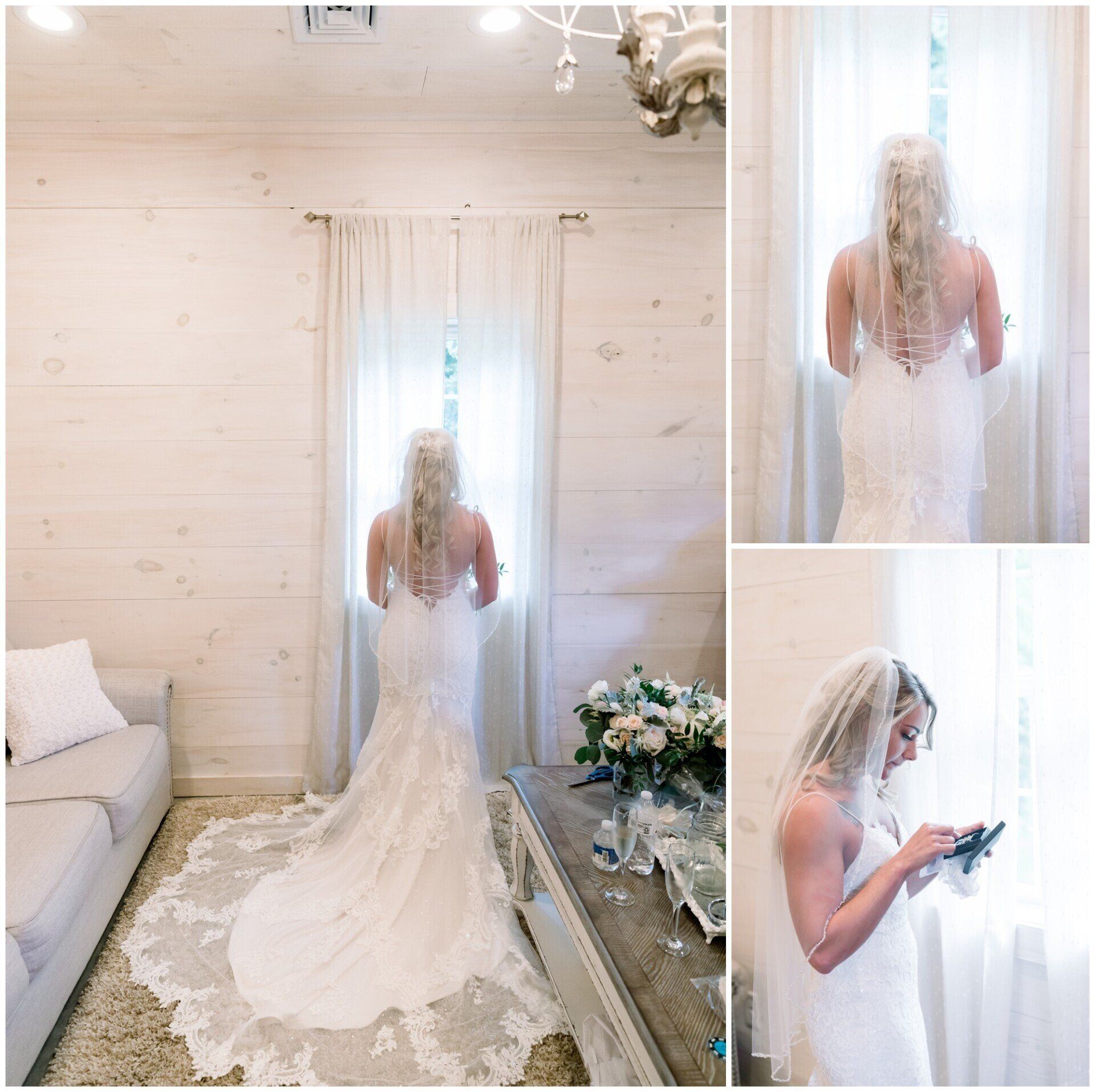 Bride in a white gown and veil, adjusting her dress in a bright bridal suite collage