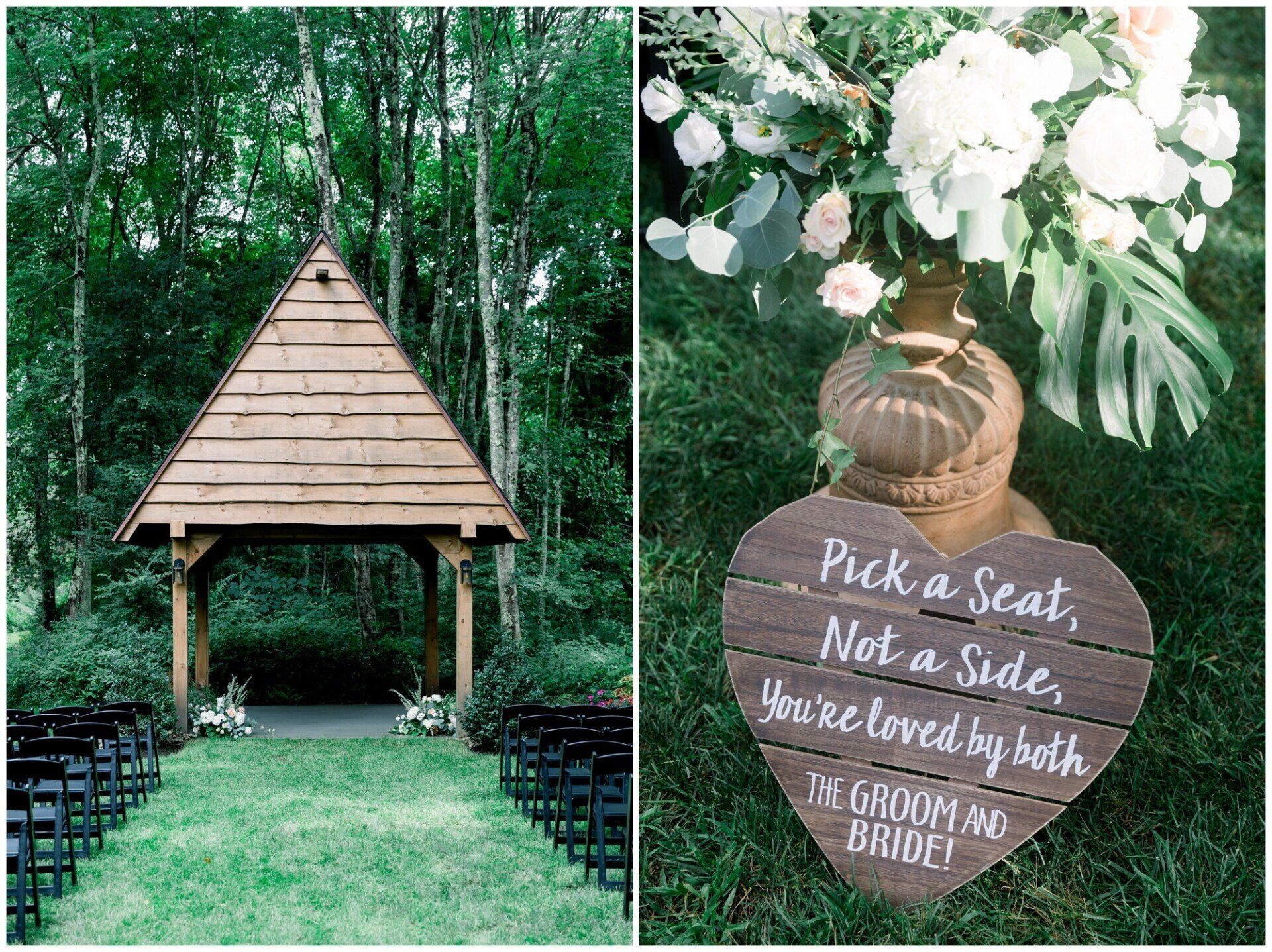 Wooden gazebo in a green forest beside a rustic sign that says “Pick a seat.”