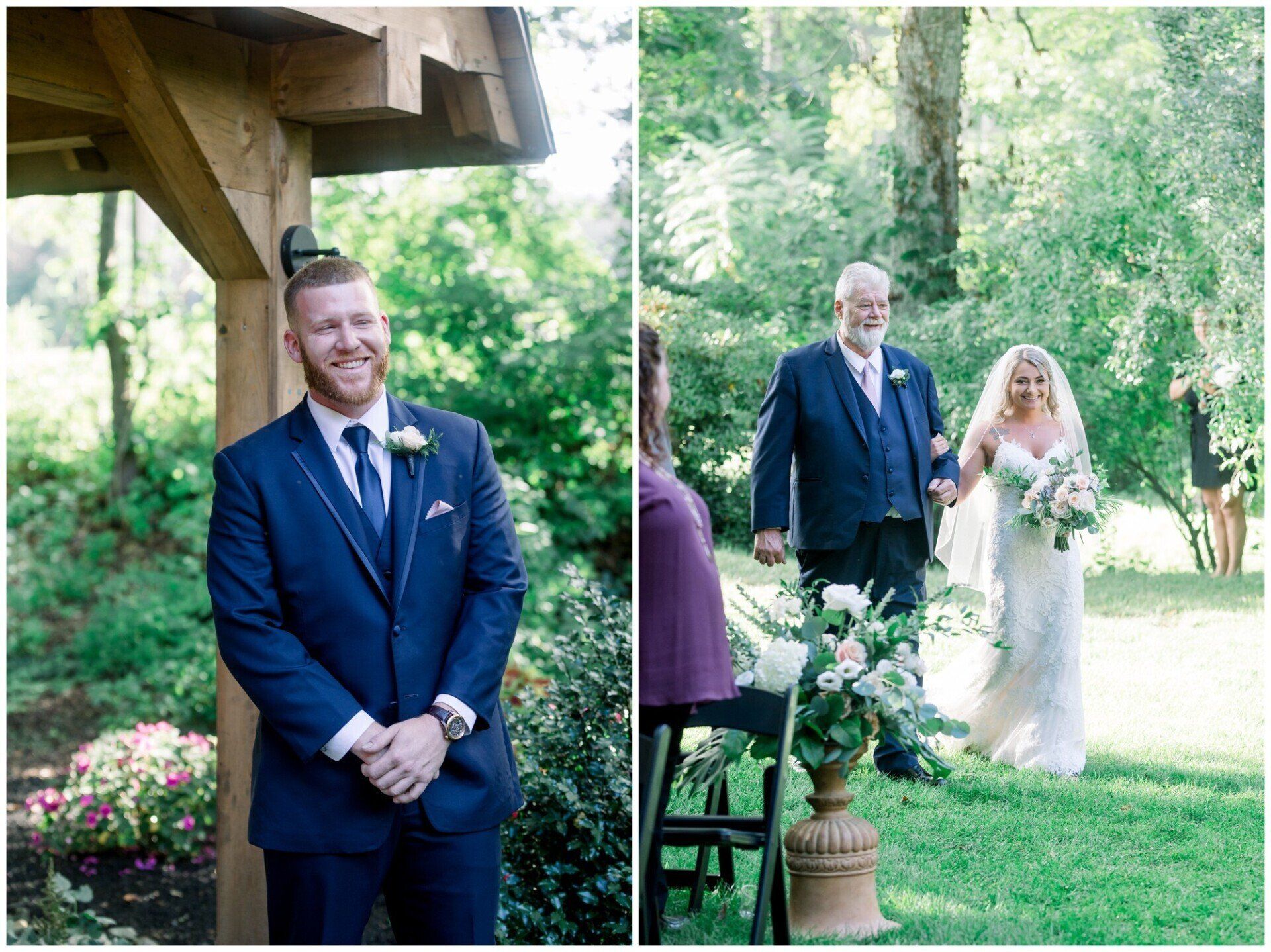 Wedding guests and bride walking outdoors; man in navy suit smiles by wooden pavilion.