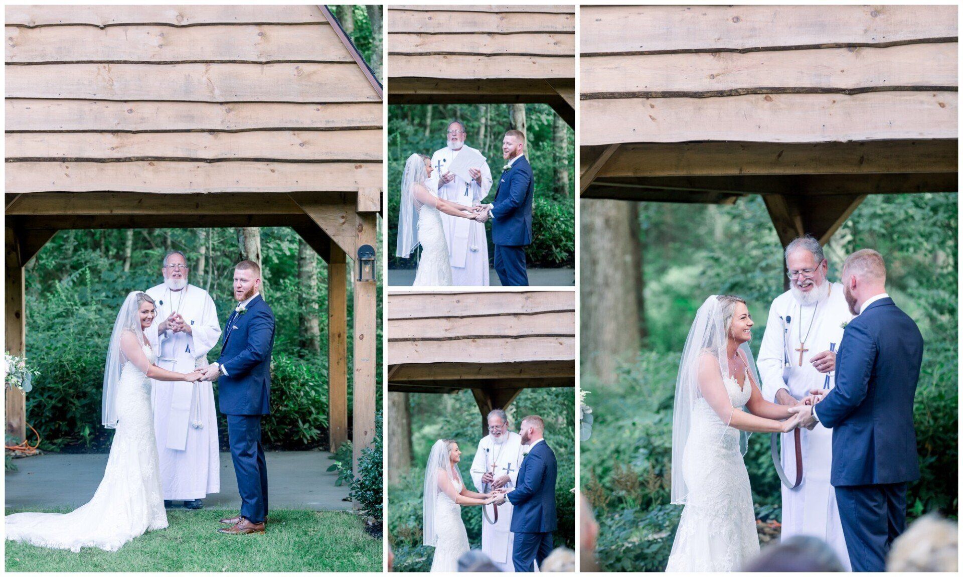 Wedding couple and officiant under a wooden pavilion, with close-up shots of the ceremony outdoors.