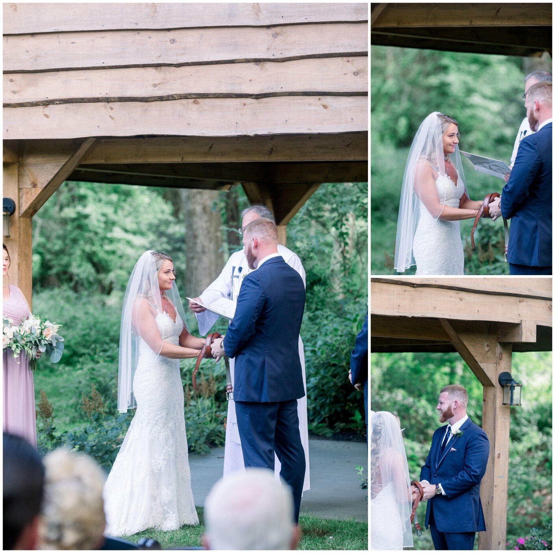 Wedding couple exchanging vows under a wooden arch in an outdoor garden ceremony
