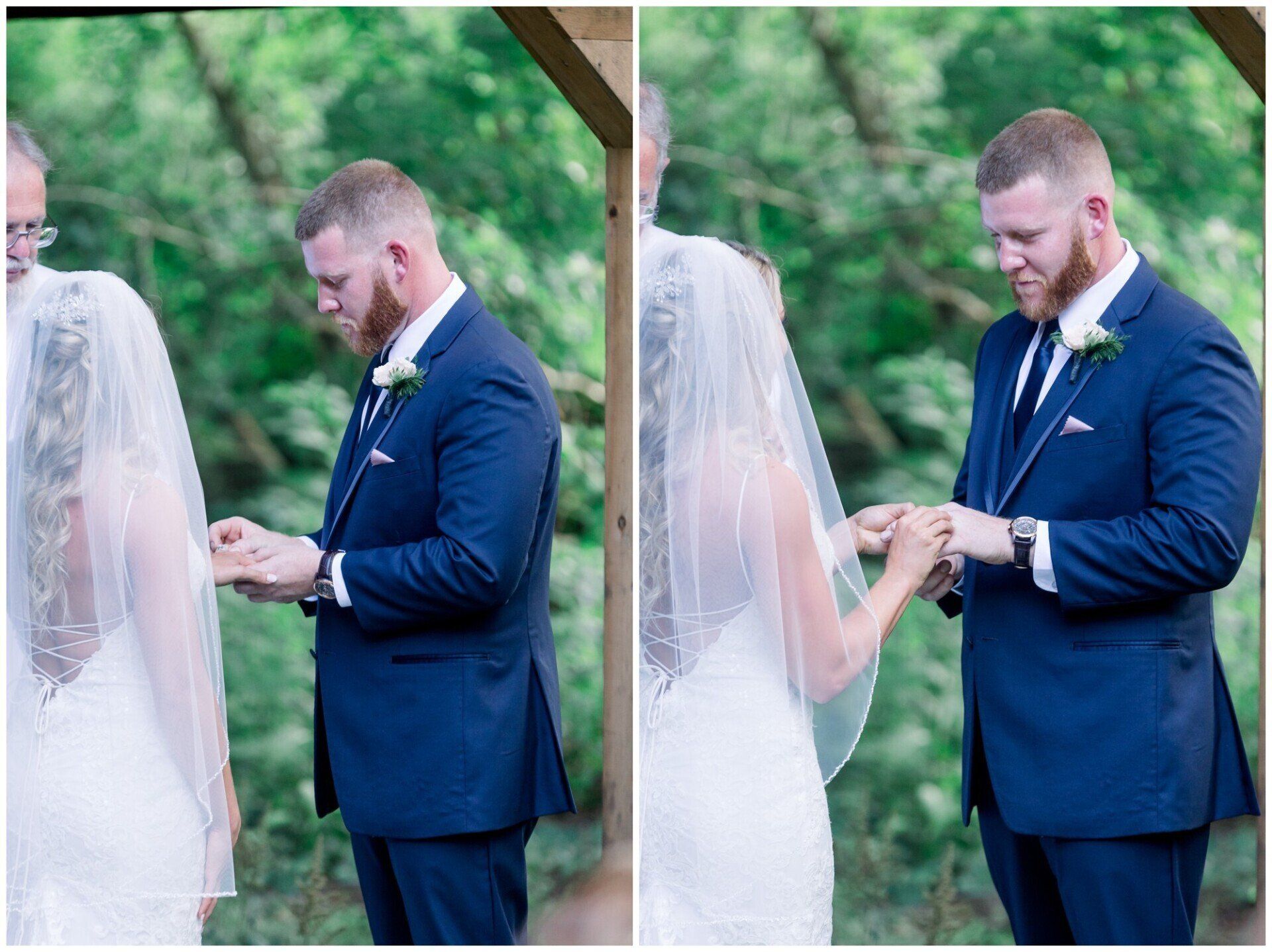 Bride and groom exchange rings during an outdoor wedding ceremony, with a white veil and blue suit.