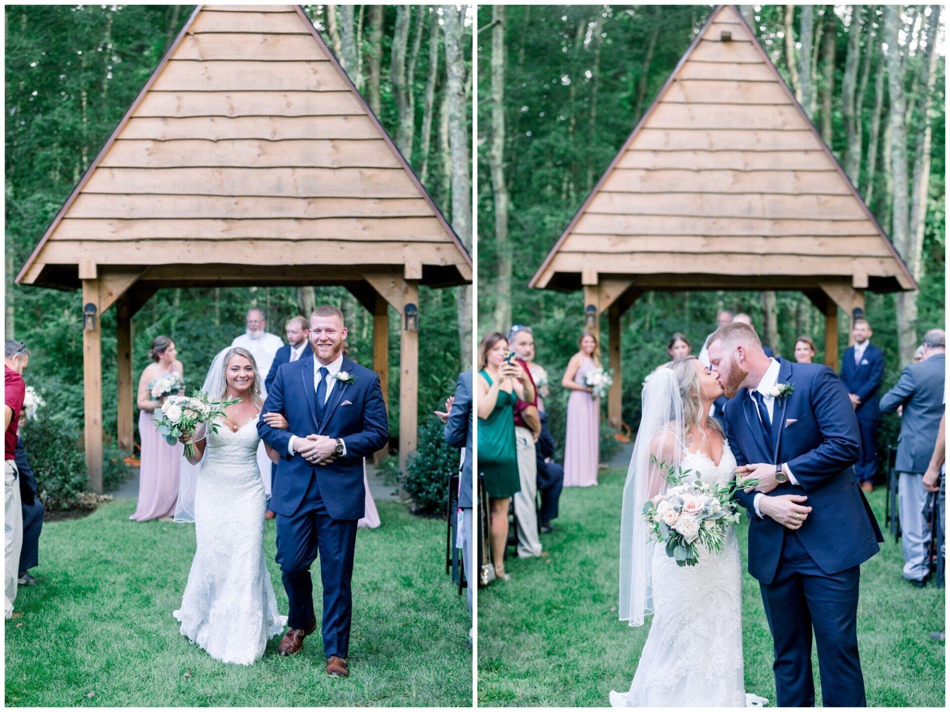 Bride and groom under a wooden arch in a forest wedding ceremony, smiling and holding hands