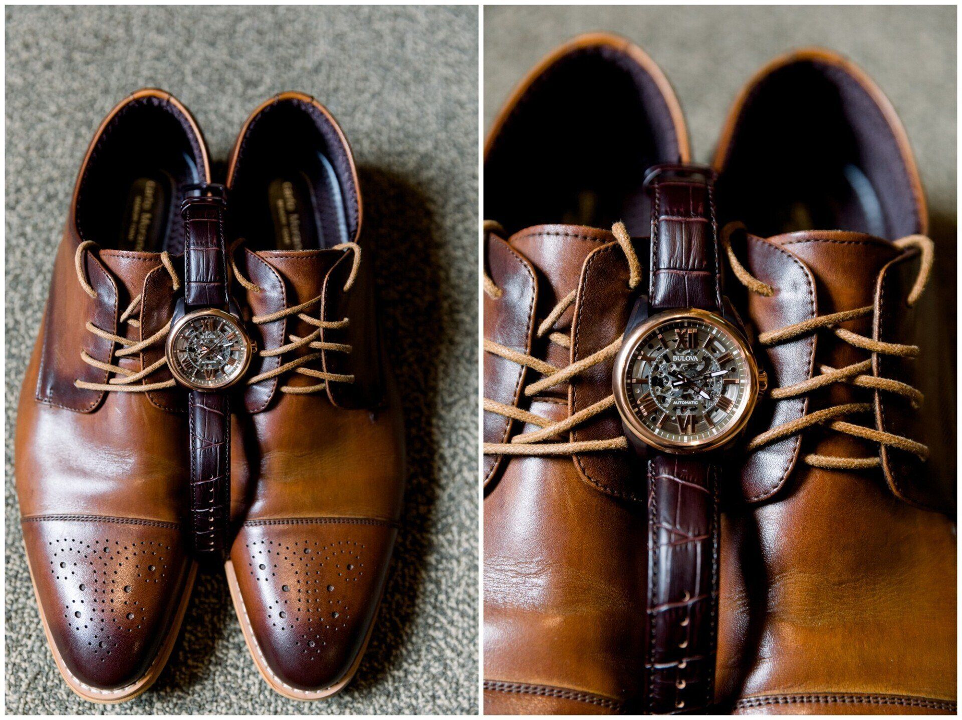 Pair of brown leather dress shoes with a decorative medallion clasp, shown from top and close-up views