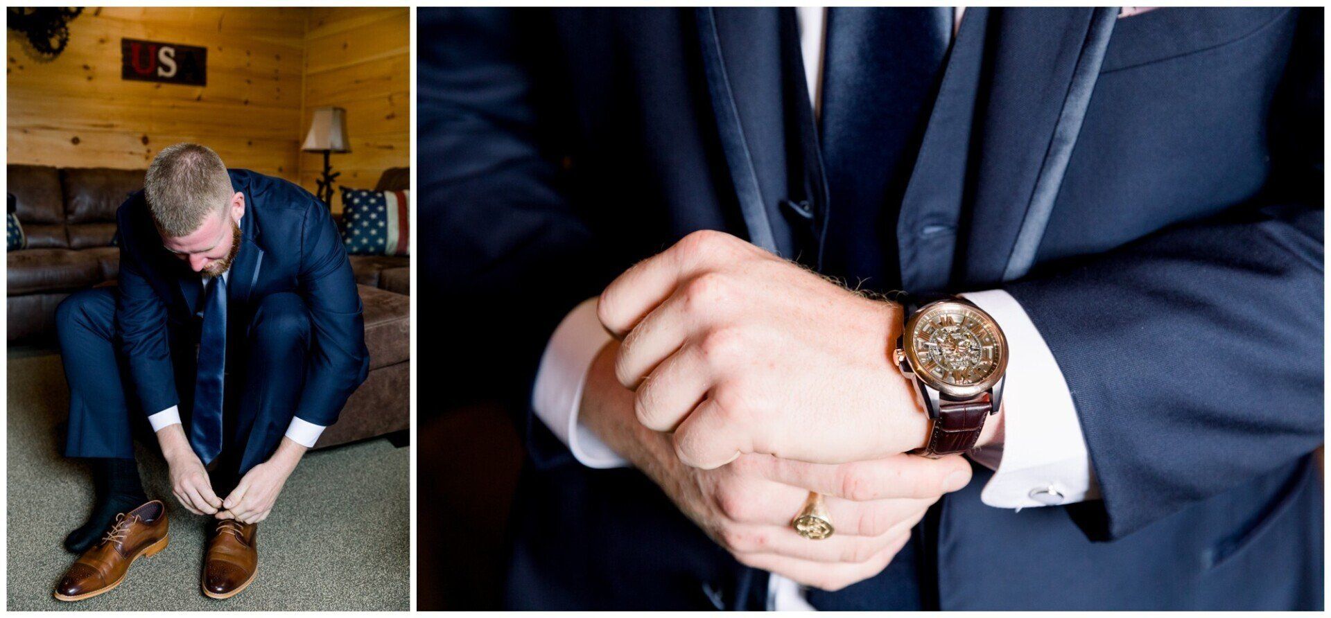 Man in a navy suit sitting on a bench, head bowed, with a close-up of clasped hands and gold watch.