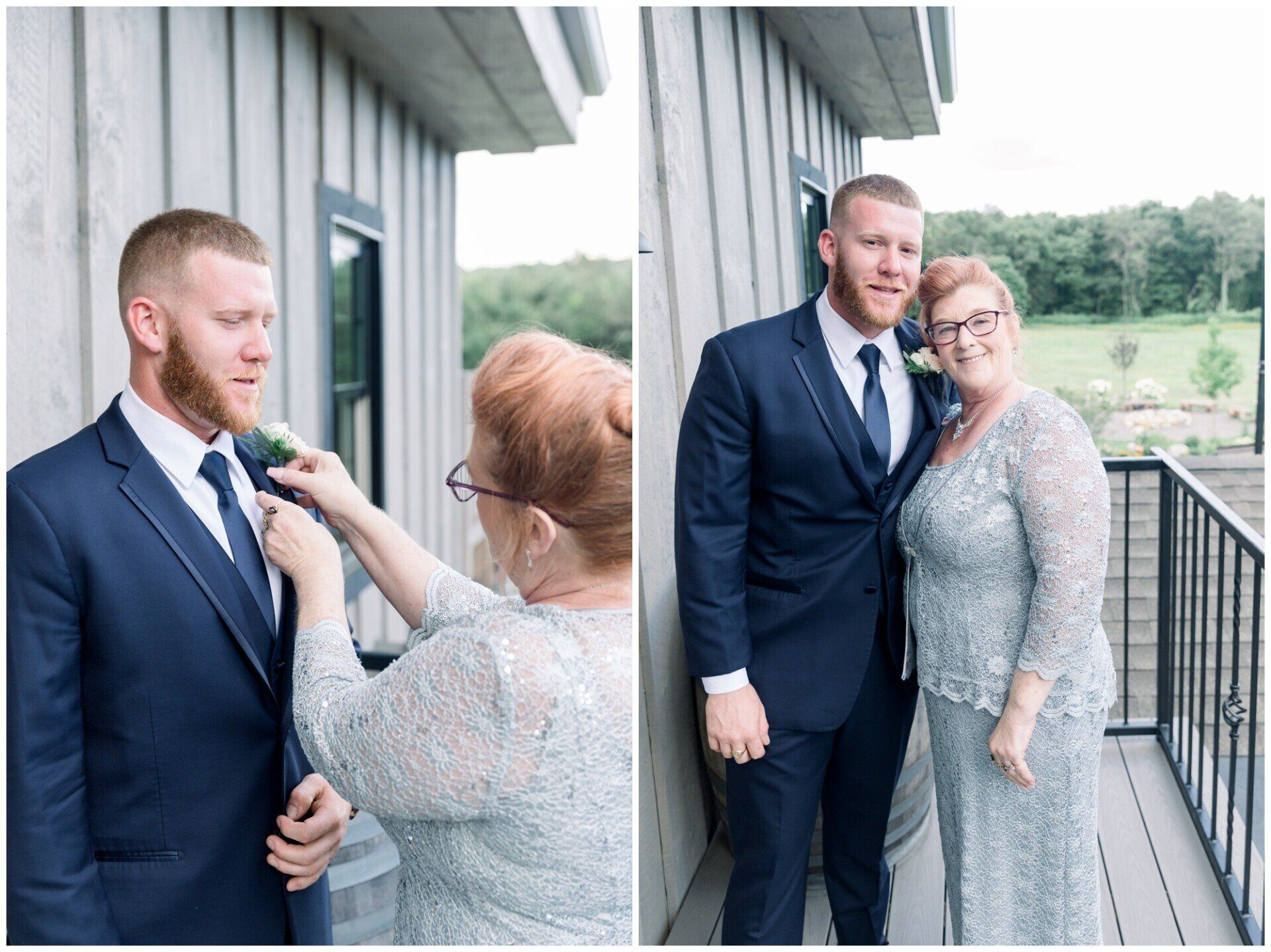 Man in navy suit pinned with boutonniere, then posing beside a woman in a silver dress on a porch