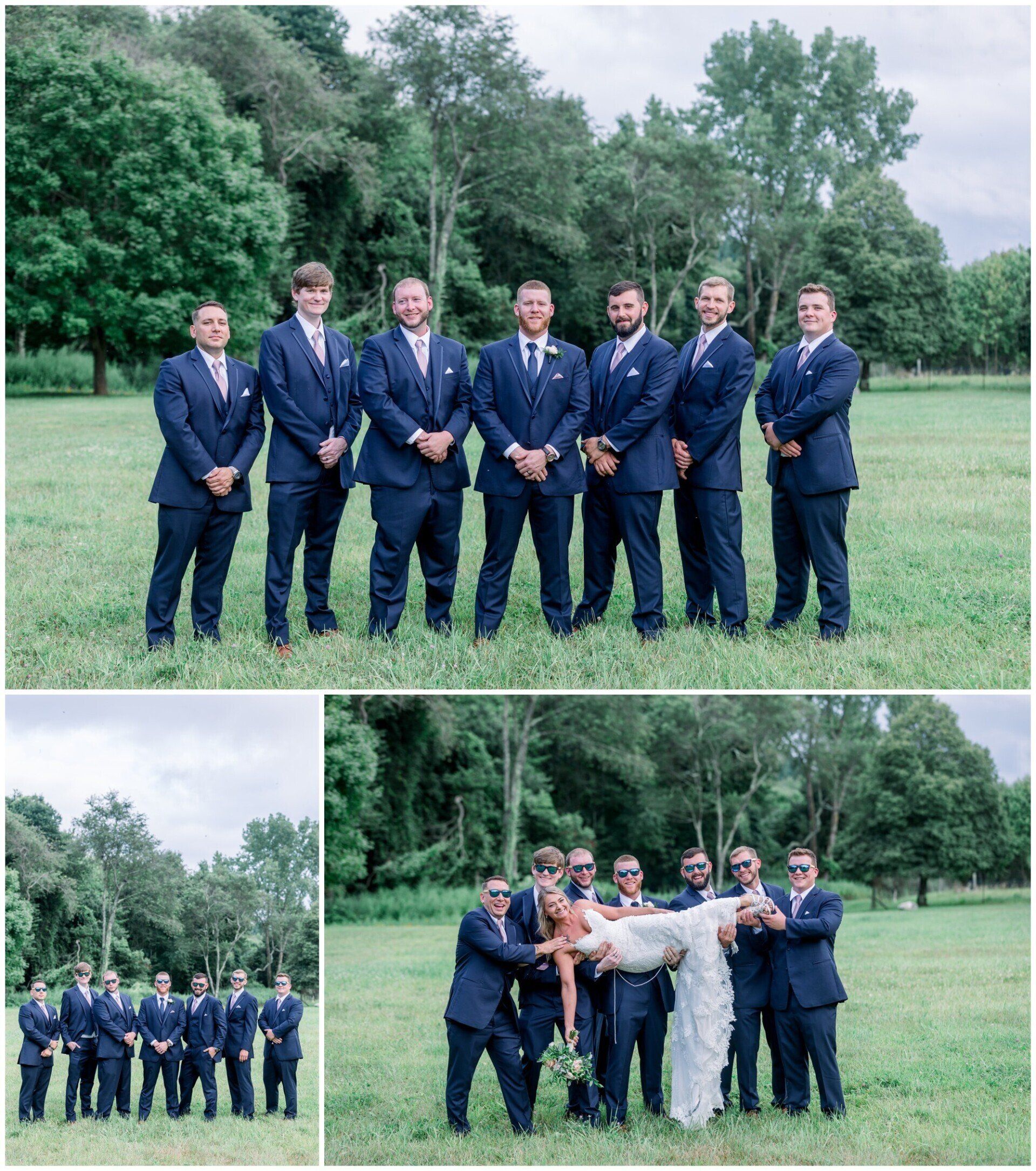 Group of men in navy suits posing outdoors on grass, with a smaller inset and a group hug.