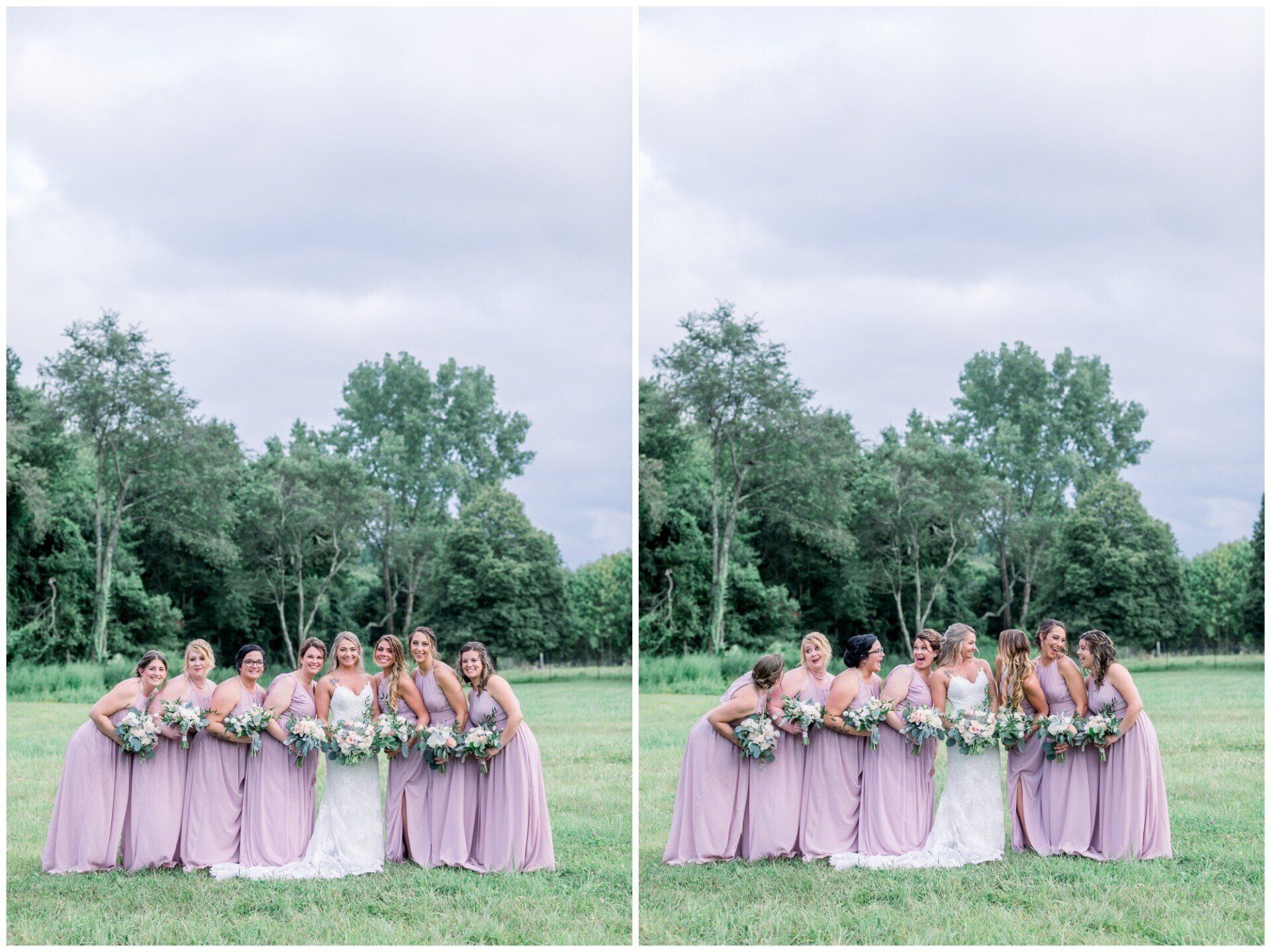 Two side-by-side group wedding portraits of people in lavender dresses holding bouquets outdoors in a green field