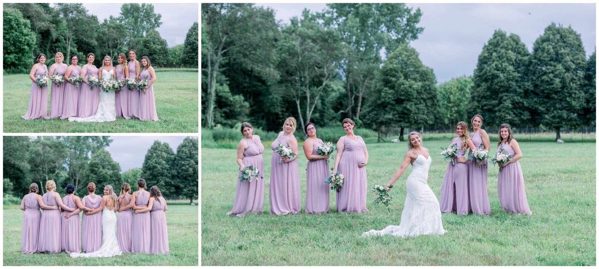 Bridesmaids in lavender dresses pose with the bride in a white gown in a grassy park.