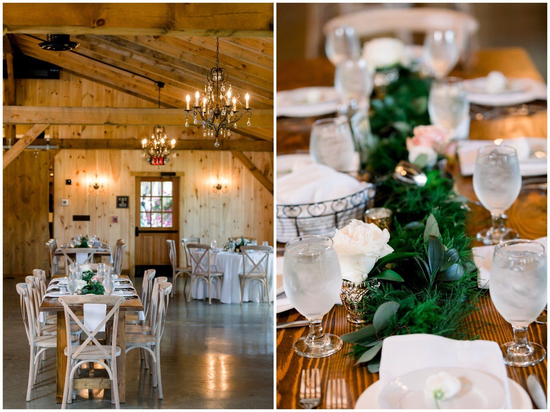 Rustic wedding reception with long decorated tables, chandeliers, and wooden barn interior