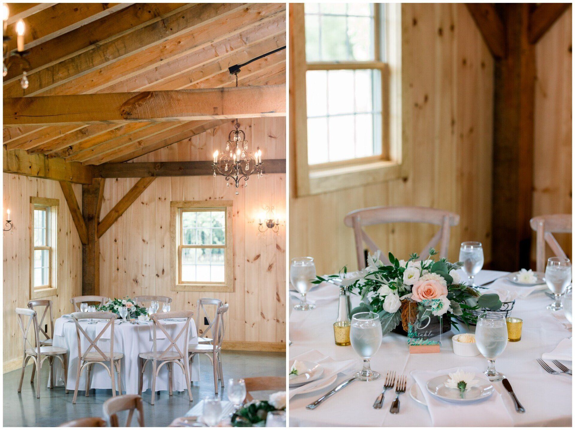 Rustic barn reception with round tables, white decor, flowers, and soft sunlight through wood-paneled walls