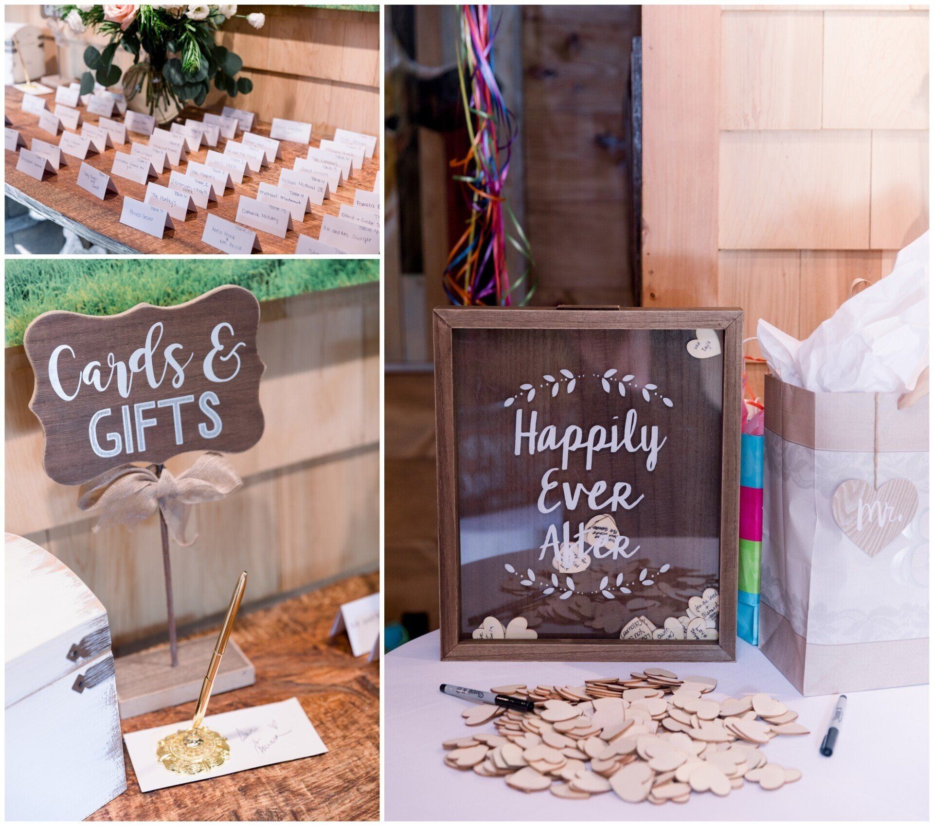 Wedding gift display with a “Cards & Gifts” sign and a “Happily Ever After” card box beside a gift bag