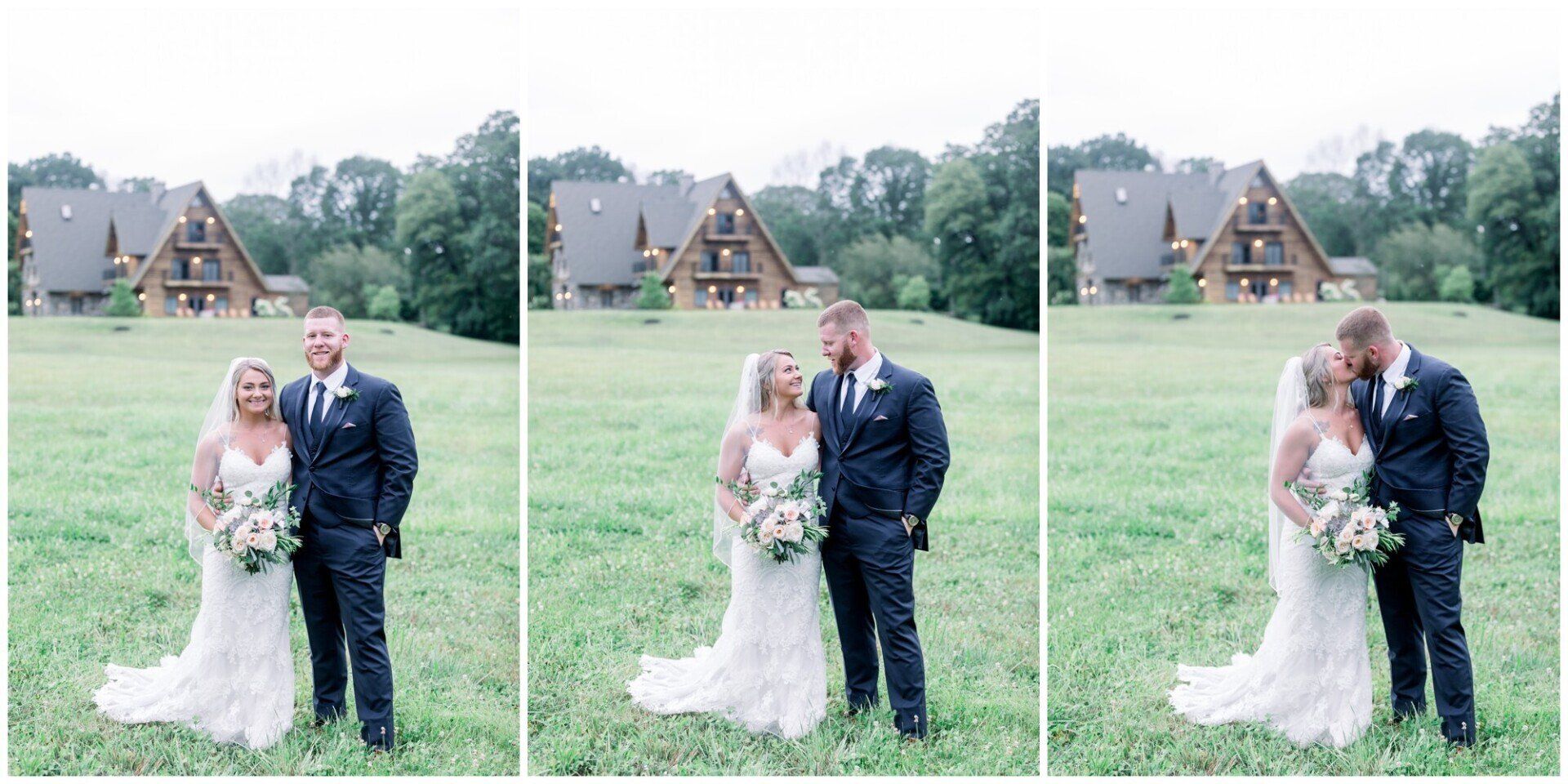 Bride and groom posing outdoors in front of a large house, with a small white dog in front.