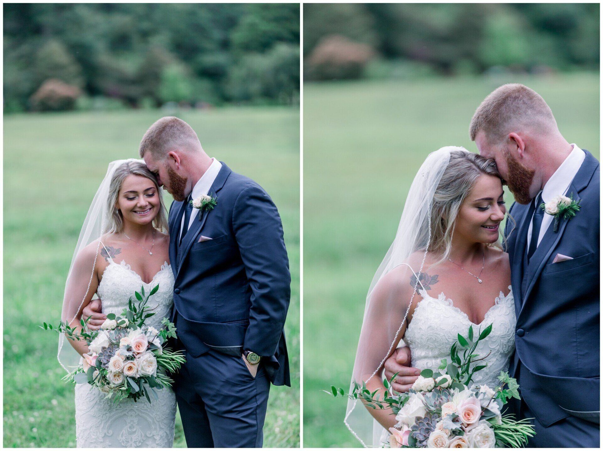 Bride and groom embrace outdoors in a lush green field, holding a white and pink bouquet.