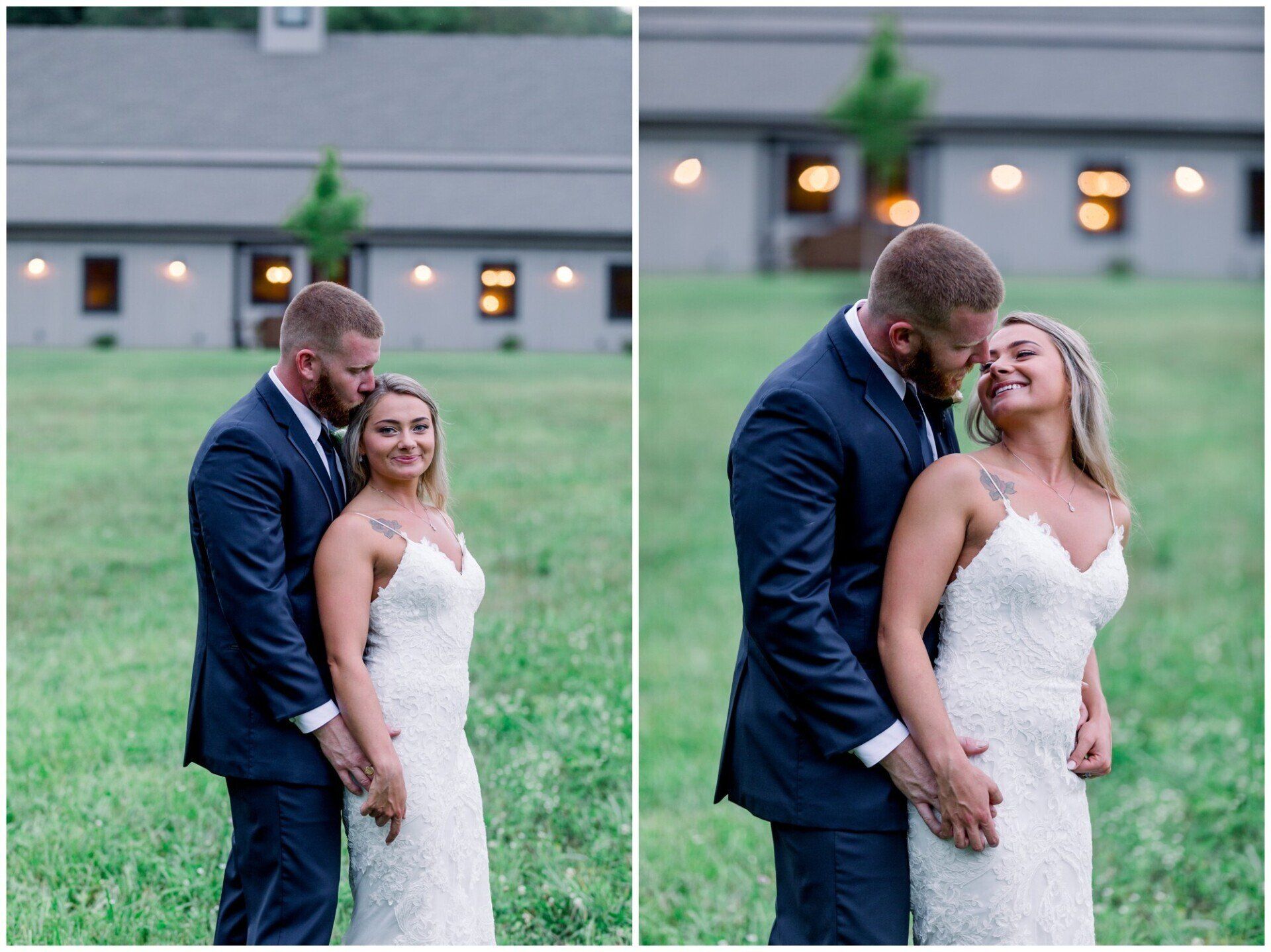 Bride and groom in a grassy field, smiling and embracing under soft outdoor lights.