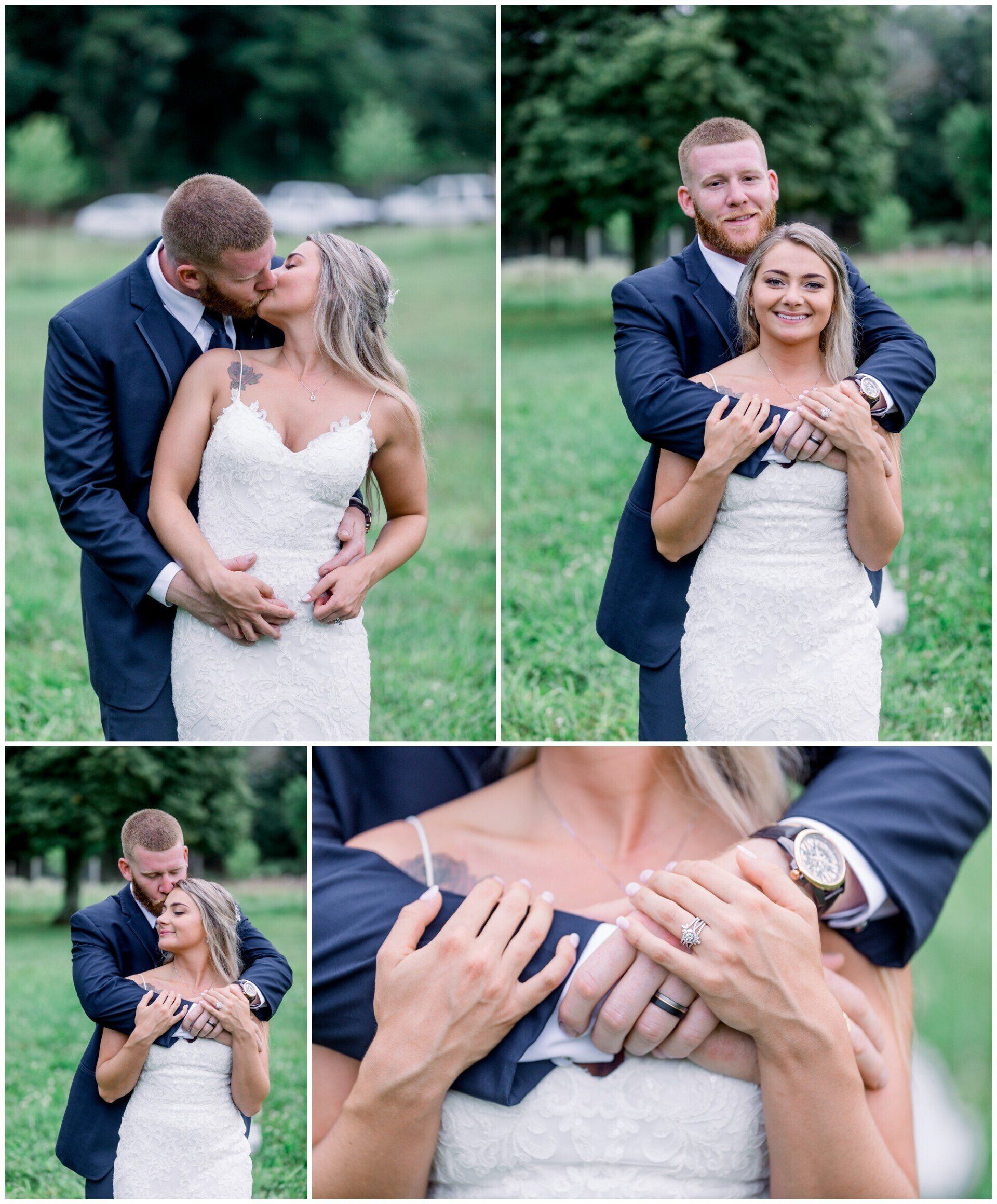 Wedding couple posing outdoors, with close-up shots of their hands, ring, and affectionate embraces.