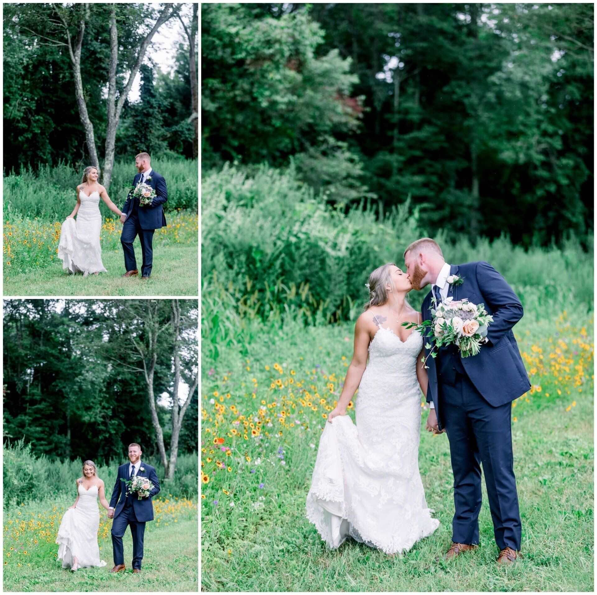 Bride and groom in white dress and navy suit kiss in a green meadow, with two smaller wedding shots at left