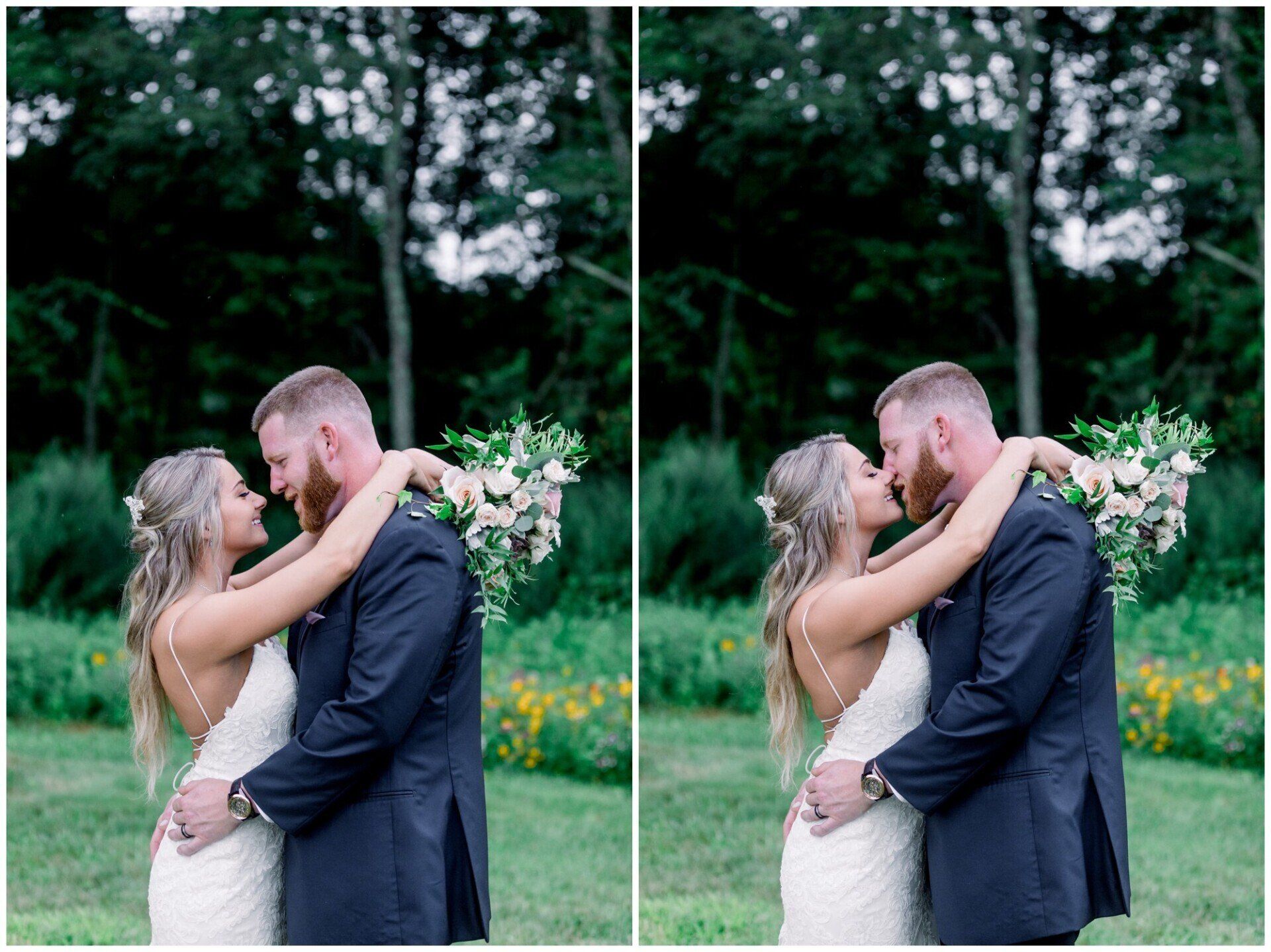 Bride and groom embracing in a garden, holding a bouquet of white flowers.