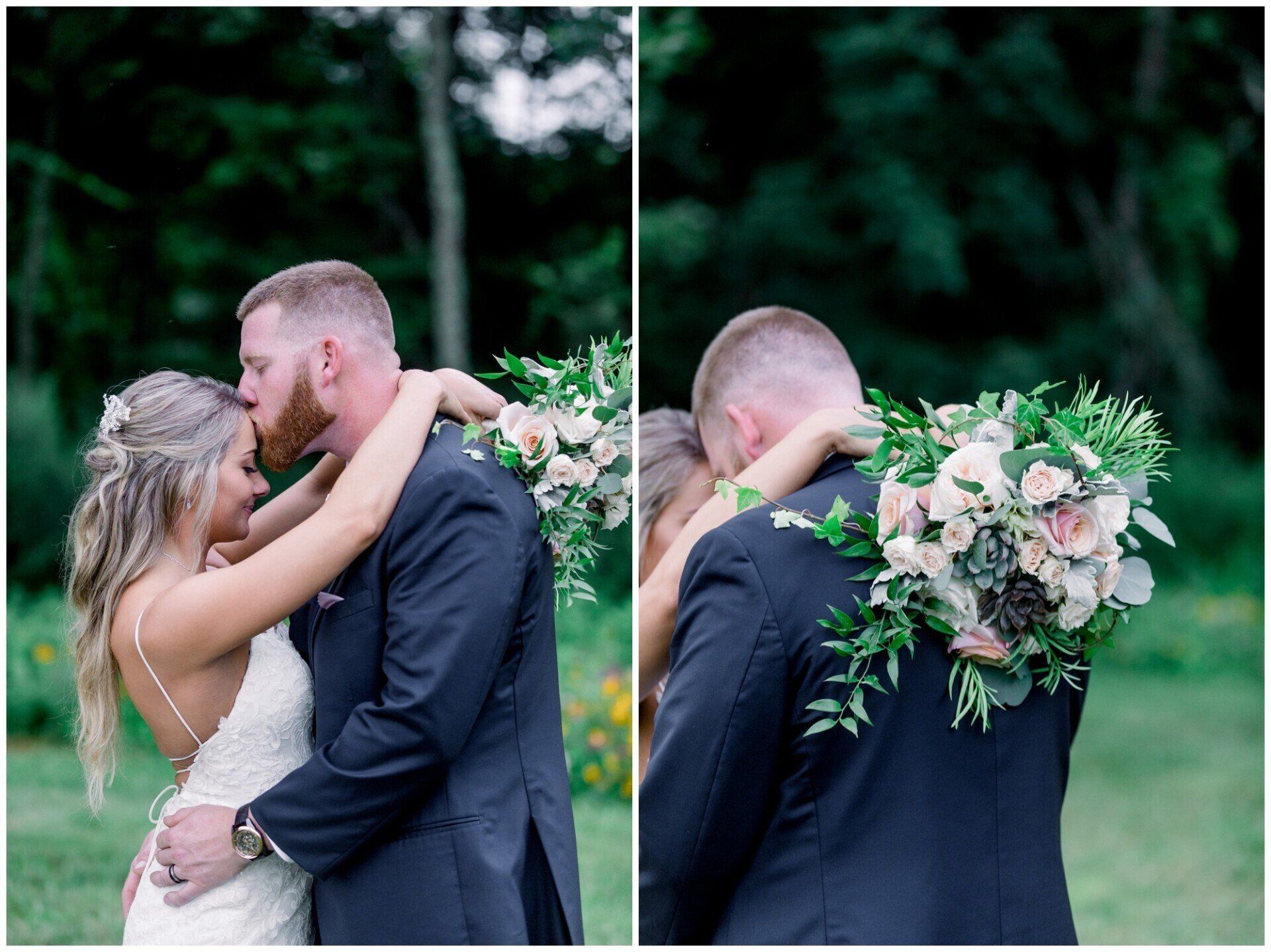 Couple embracing outdoors, with the bride’s bouquet visible over the groom’s shoulder.