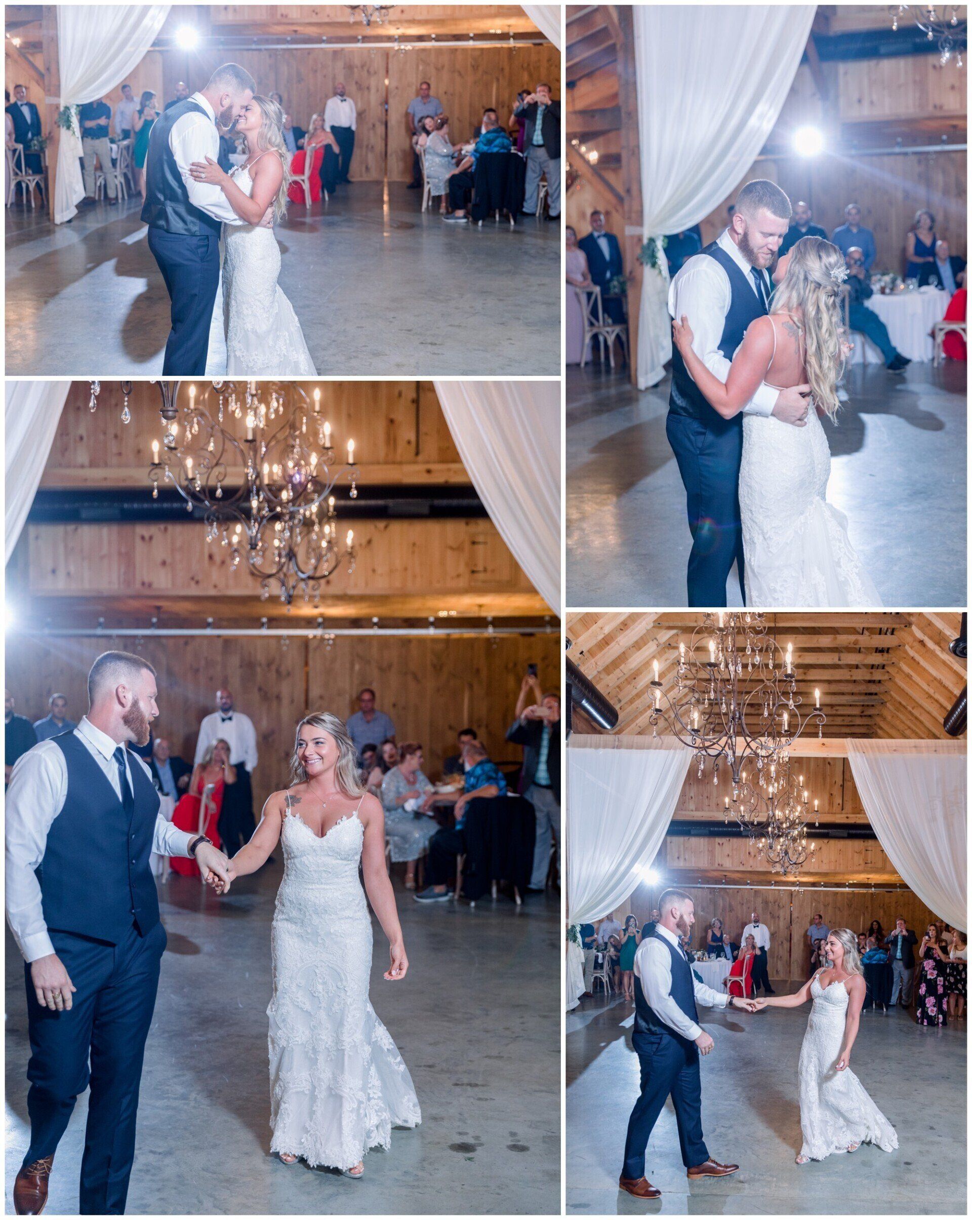 Wedding couple dancing in a rustic hall under chandelier lights, captured in a four-photo collage.