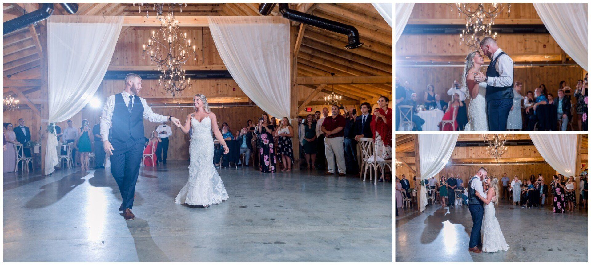 Bride and groom dance in a rustic wedding venue with guests watching and twinkling lights overhead
