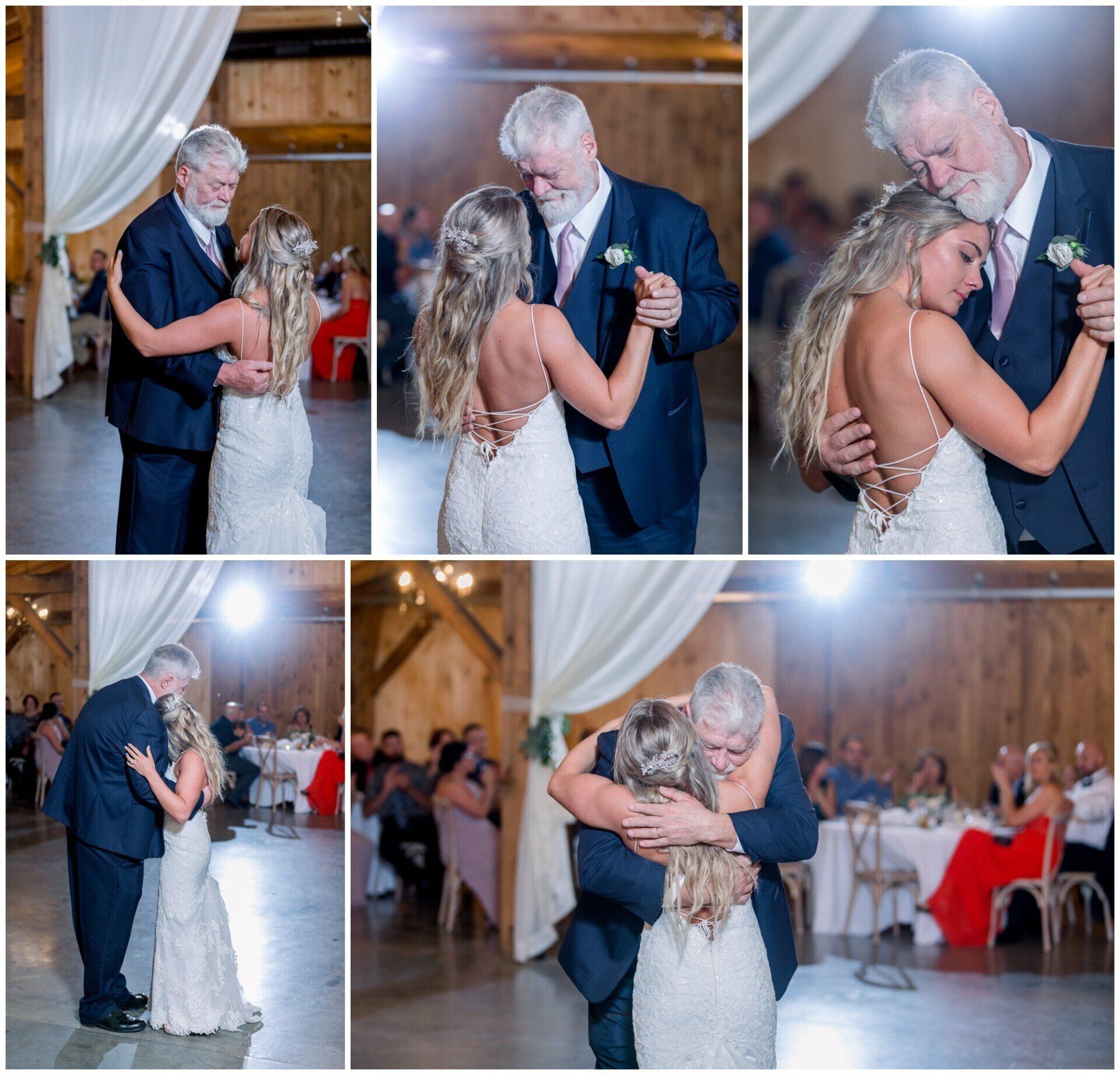 Wedding couple dancing and embracing in a rustic reception hall collage
