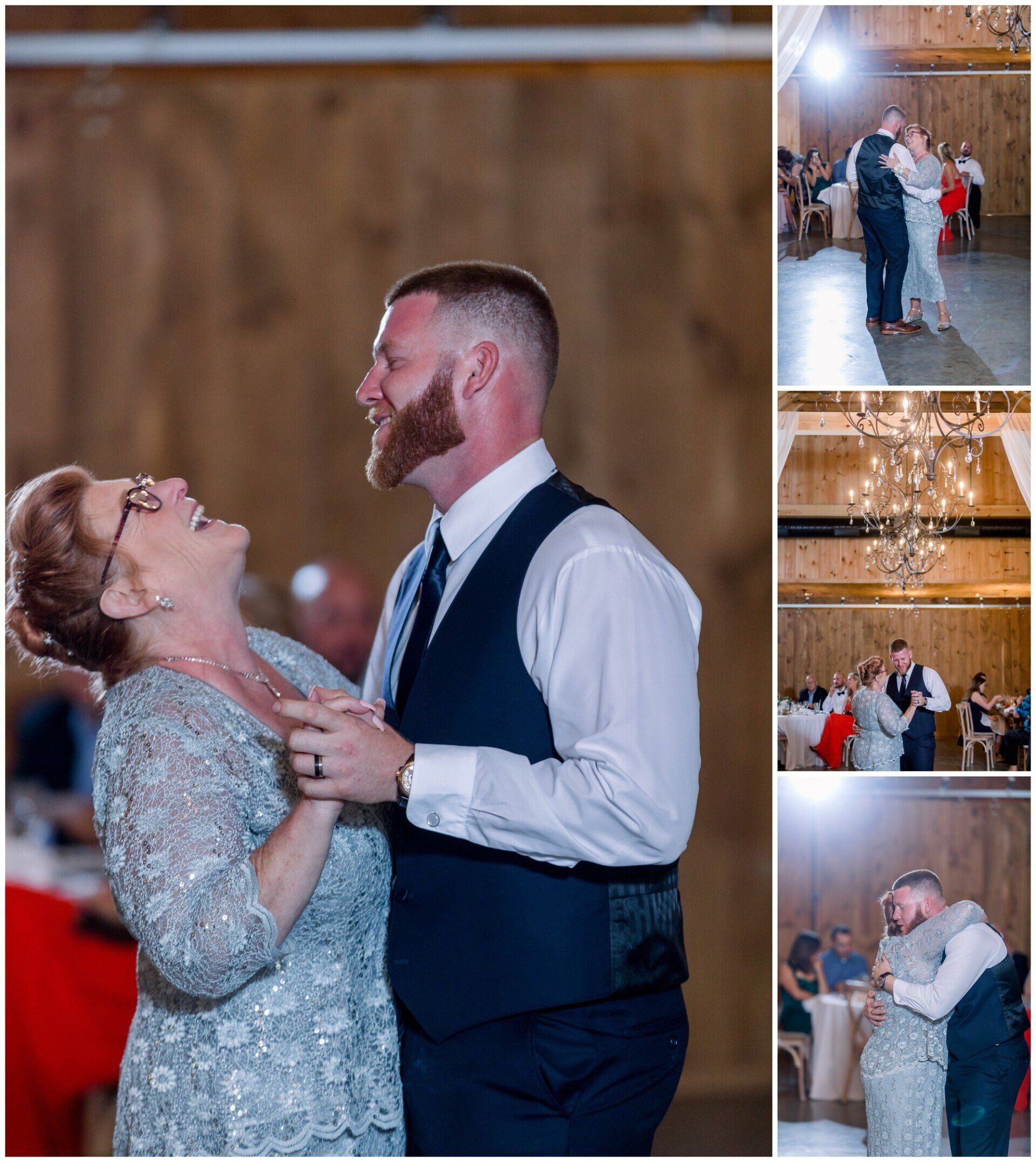 Couple dancing closely at a wedding reception, with additional small dance photos in a collage on the right.