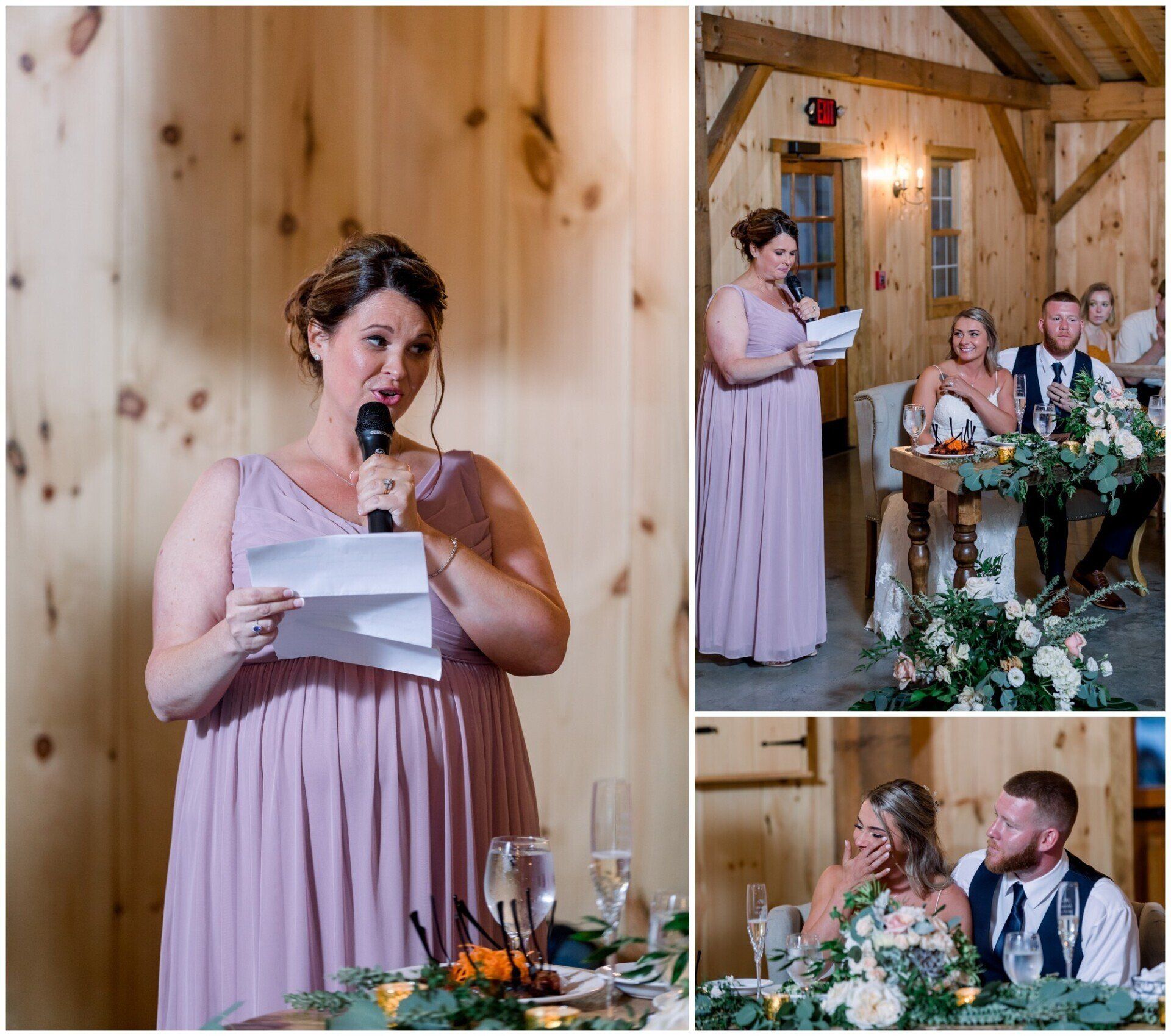 Woman in a mauve dress gives a speech at a rustic wedding reception while guests listen.