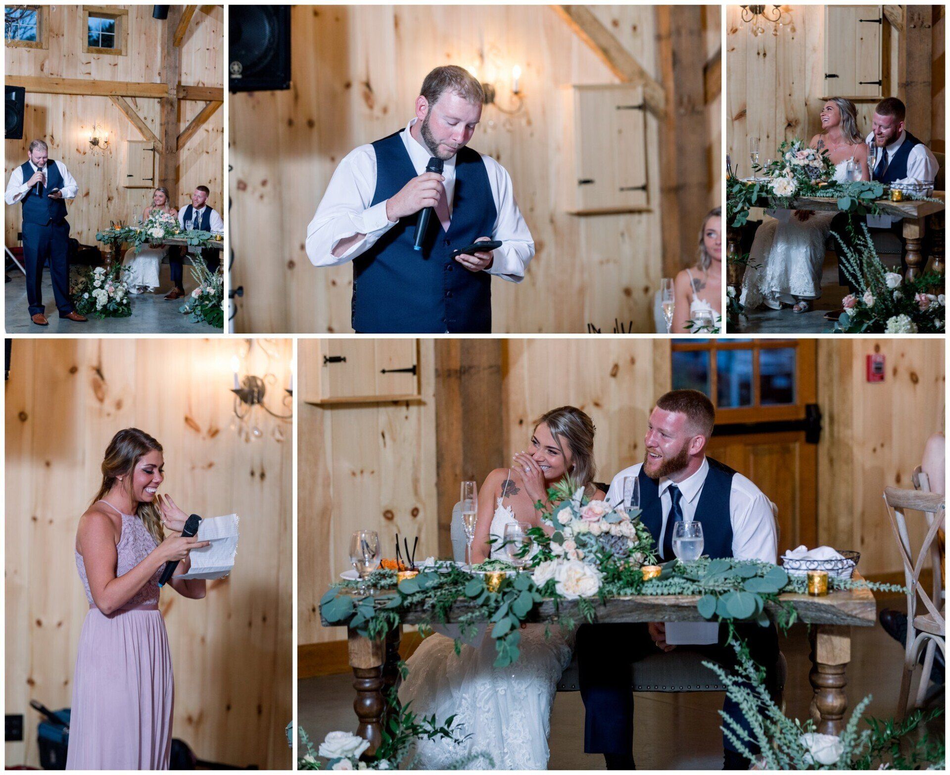 Rustic wedding collage with guests speaking, reading vows, and the couple seated at a decorated table