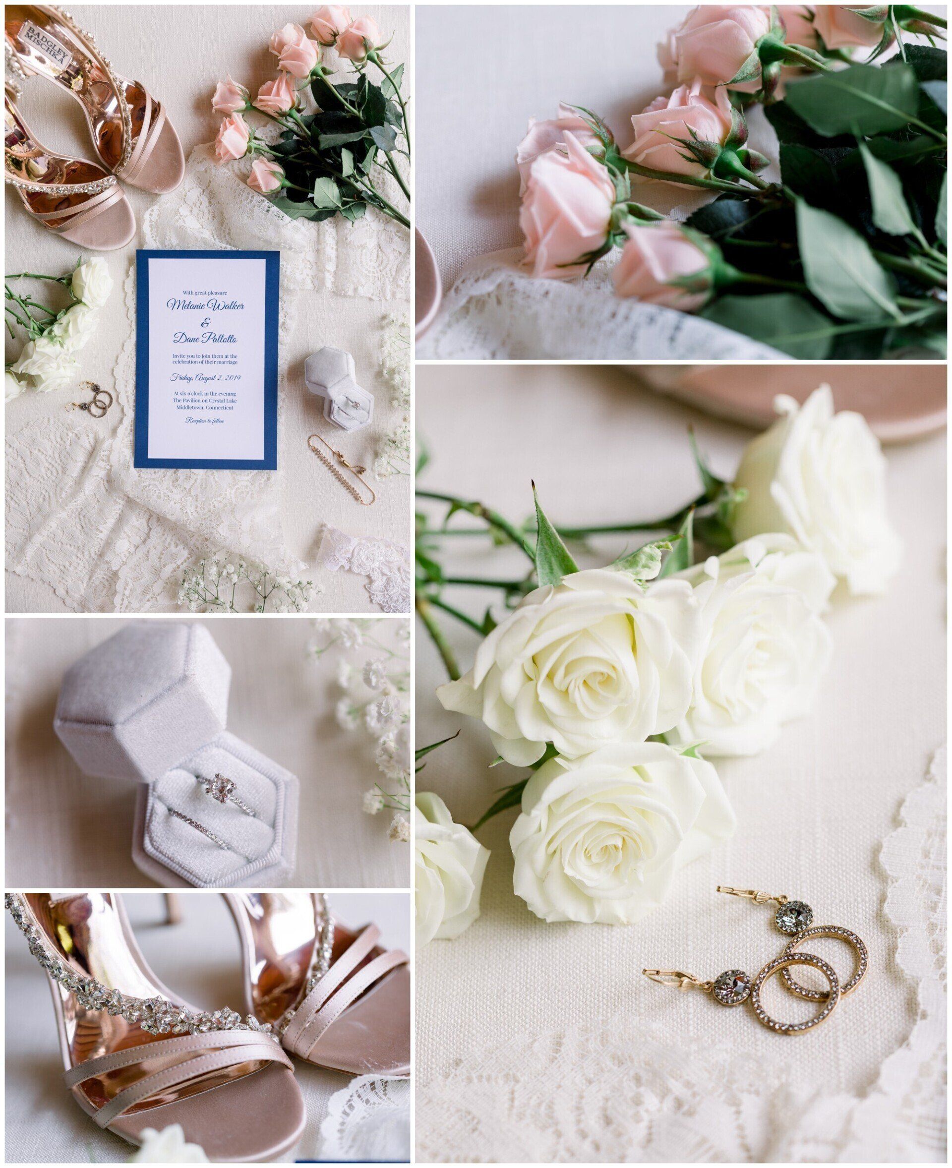Soft wedding flat lay with white roses, rings, shoes, invitation, and pastel pink flowers on lace fabric