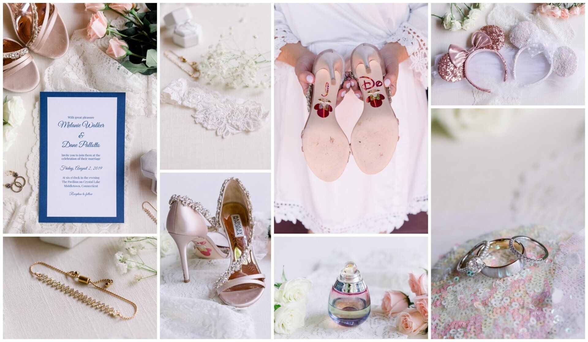 Wedding flat lay with blush shoes, rings, perfume, invitation, and floral details on a white background