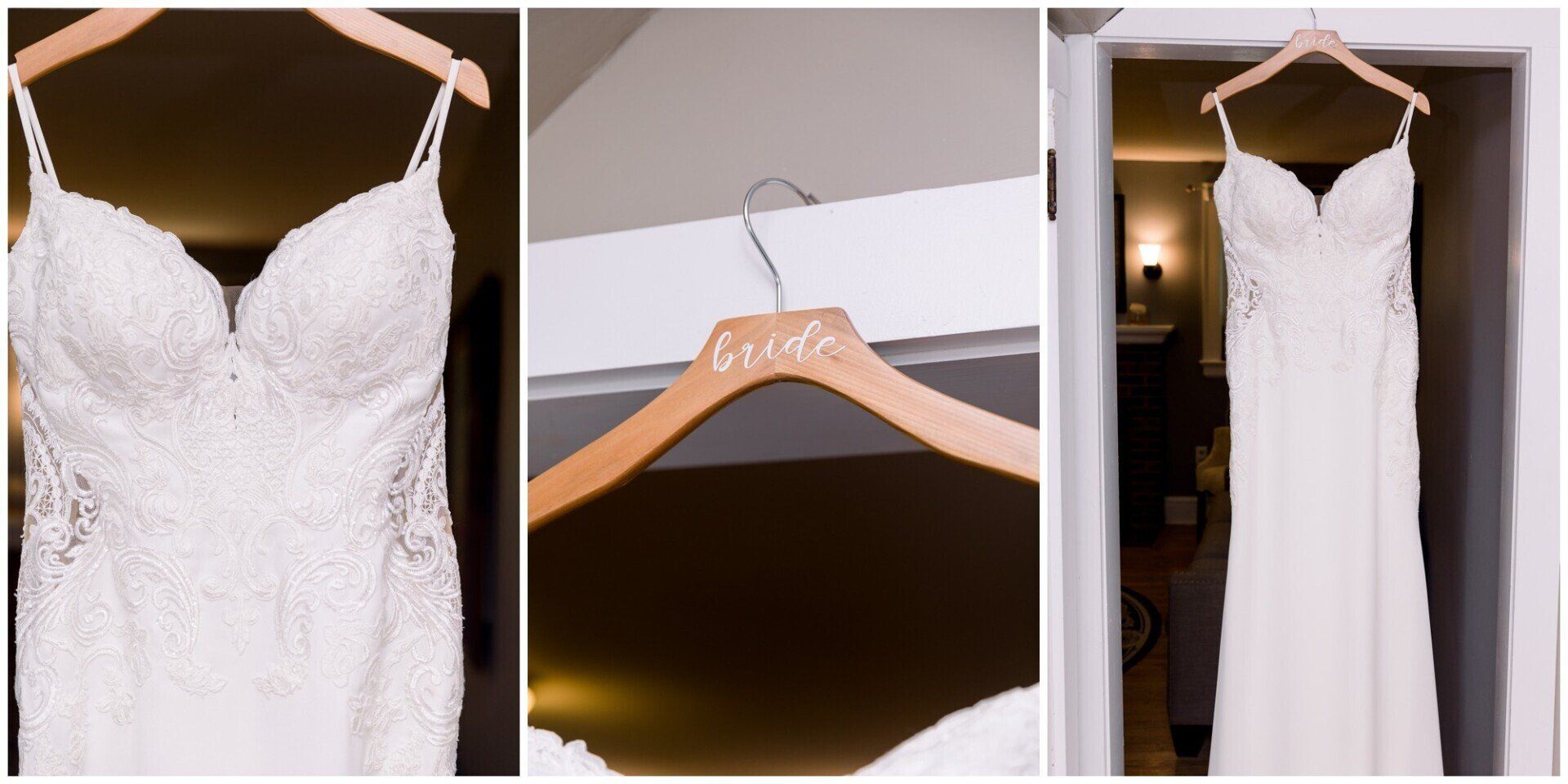 White lace wedding dress with deep V neckline and long train, shown hanging on a wooden hanger.