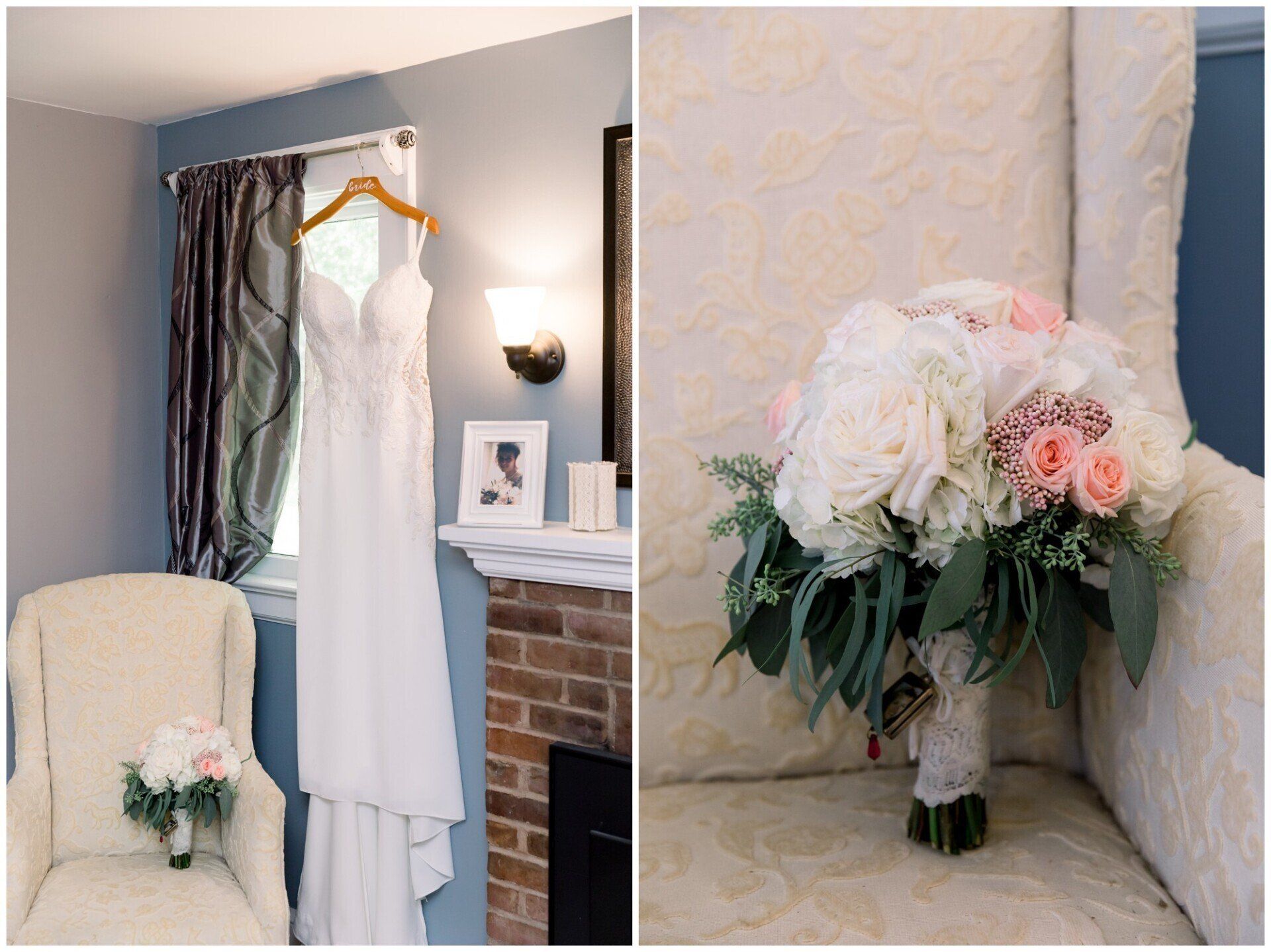White dress on hanger beside fireplace; bouquet of white and pink flowers in a vase.