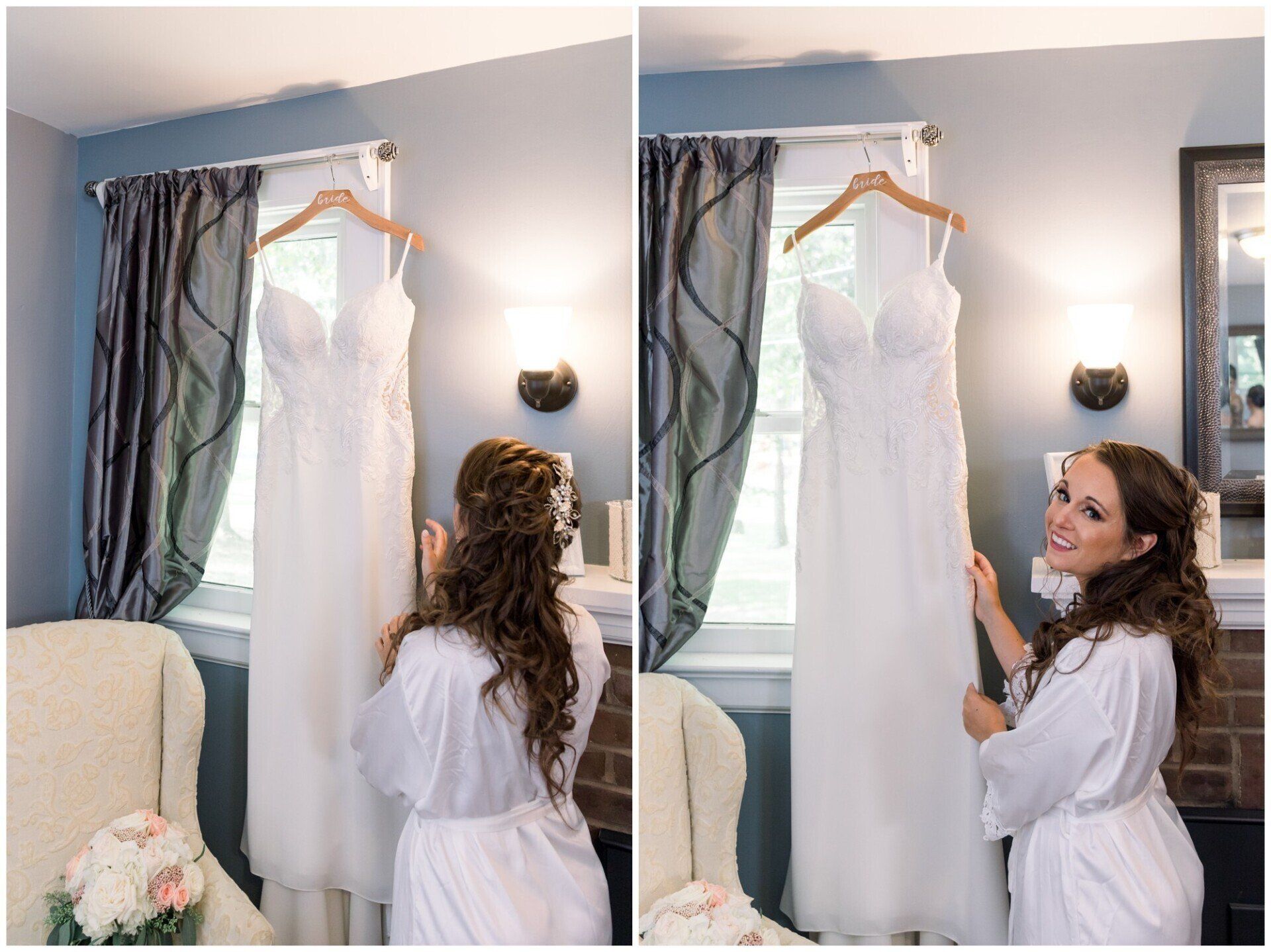Woman in white dress admiring a wedding dress hanging in a bedroom mirror.