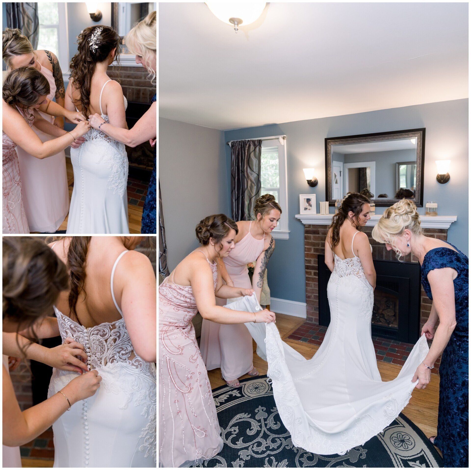 Bridesmaids help a bride fasten her wedding dress in a bright room, with a close-up of the dress back.