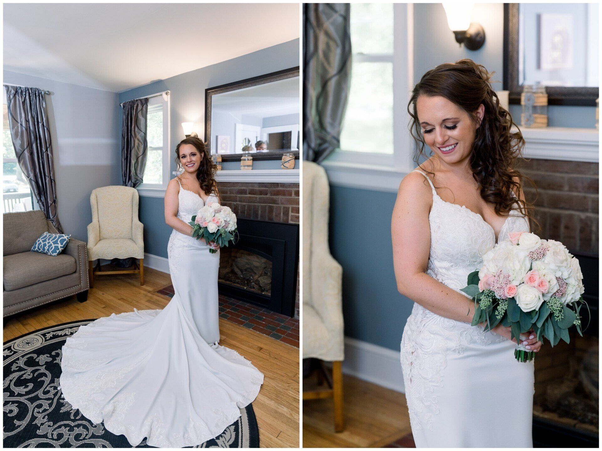 Bride in white gown holding bouquet in a bright living room, smiling near a fireplace