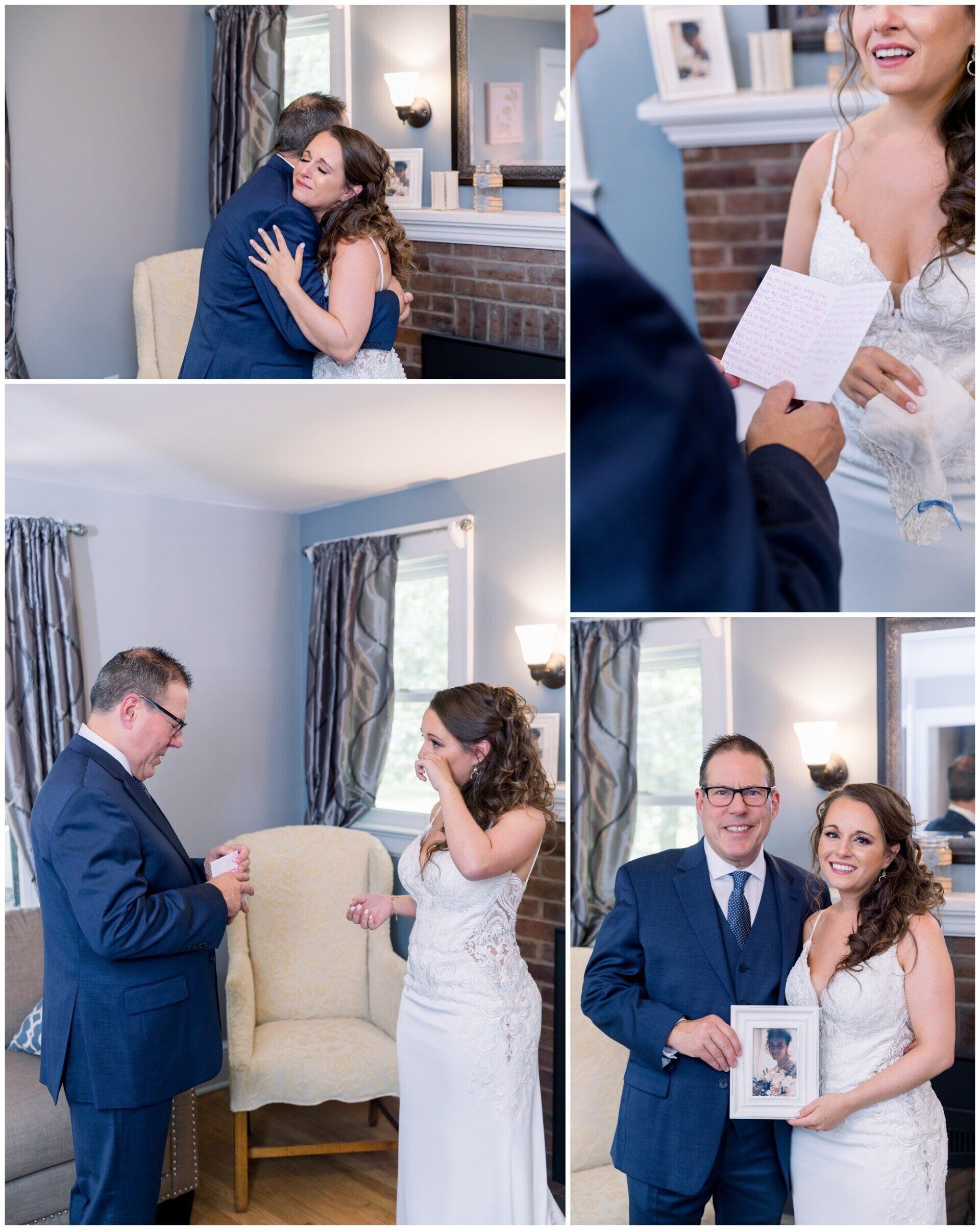 Wedding collage: couple embracing, exchanging vows, and holding a certificate in a bright indoor ceremony.