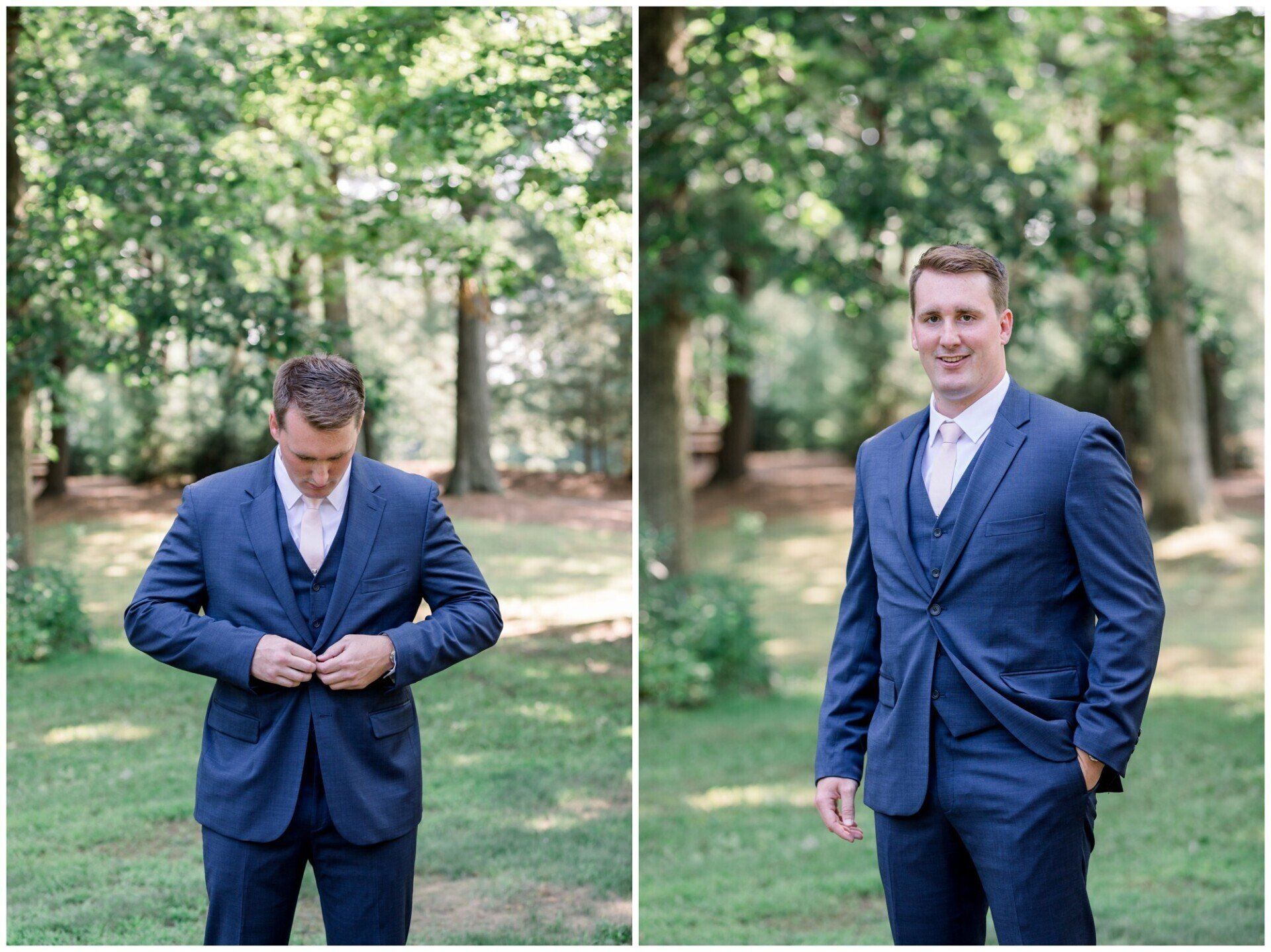 Man in a blue suit in a wooded outdoor setting, adjusting his jacket in two portrait poses.