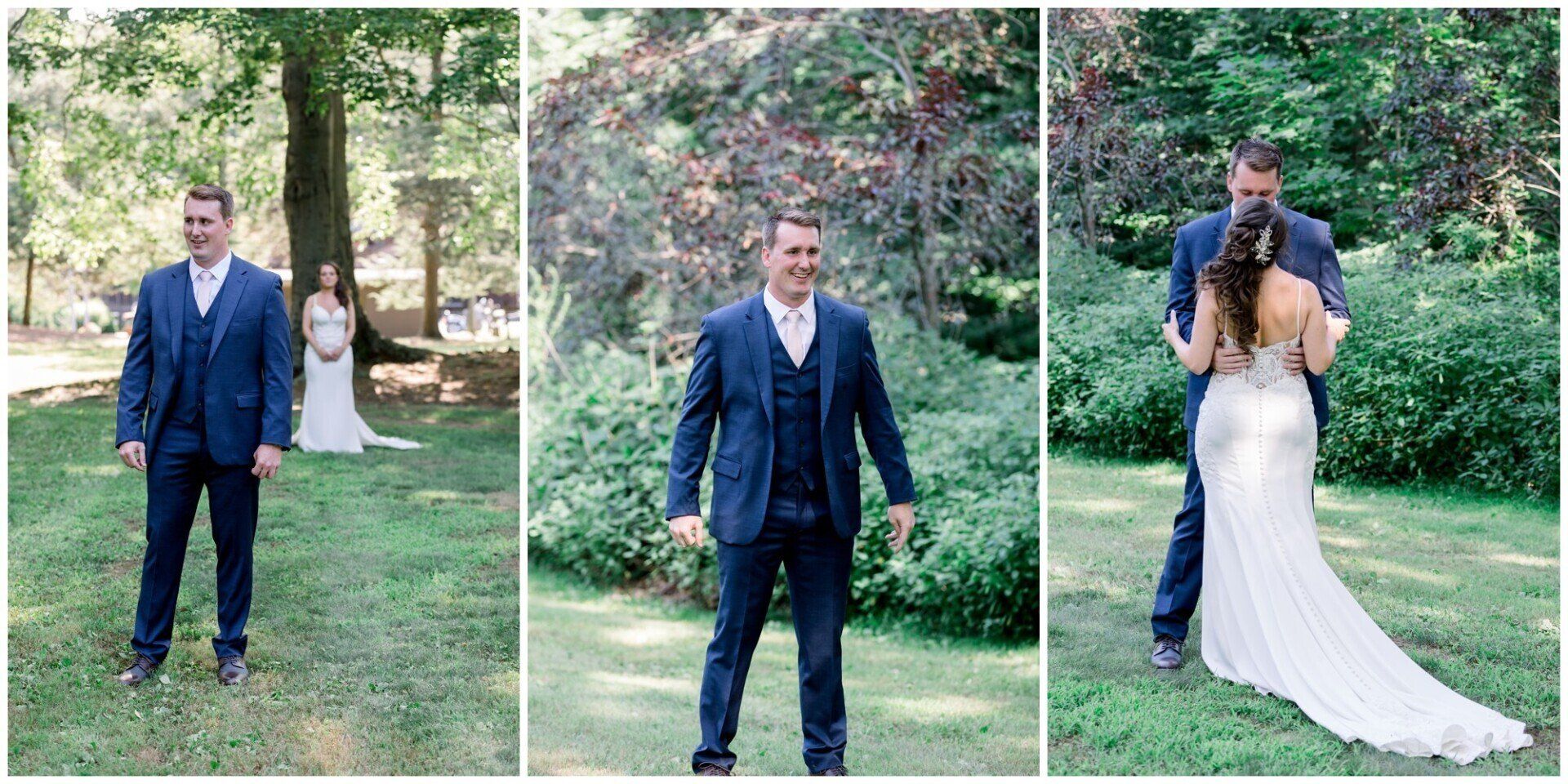 Wedding couple posing outdoors in a garden; bride in white gown, groom in navy suit, embracing and walking