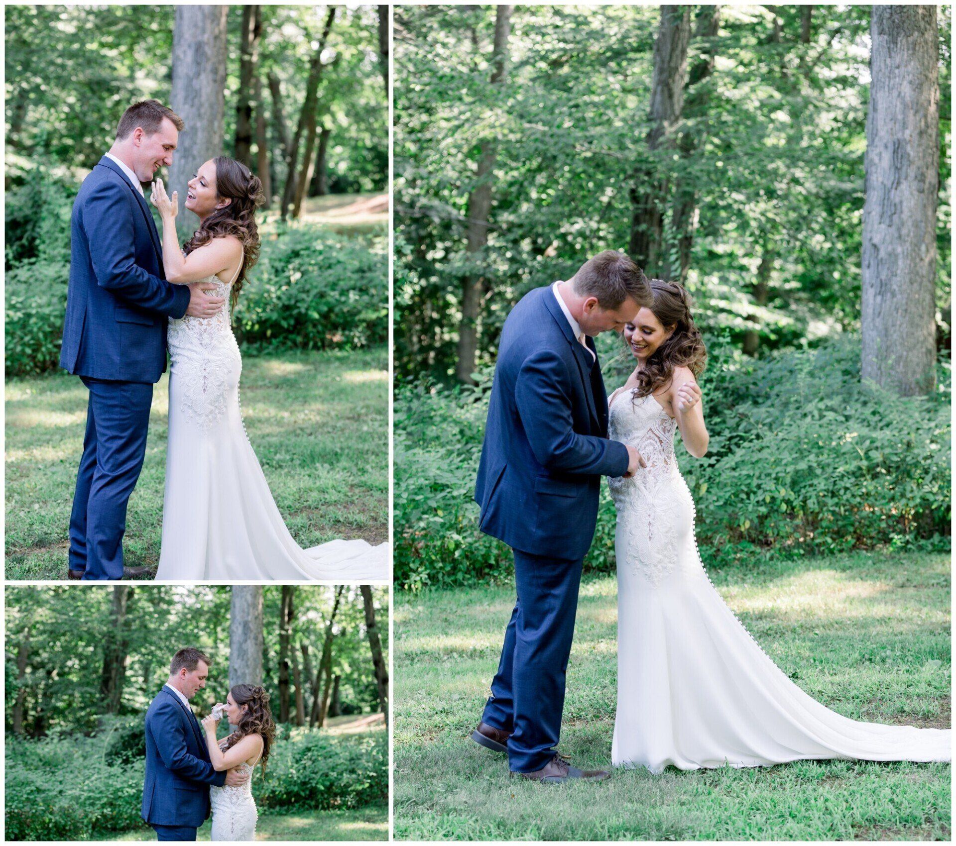 Wedding couple embracing in a green park, bride in white gown and groom in blue suit