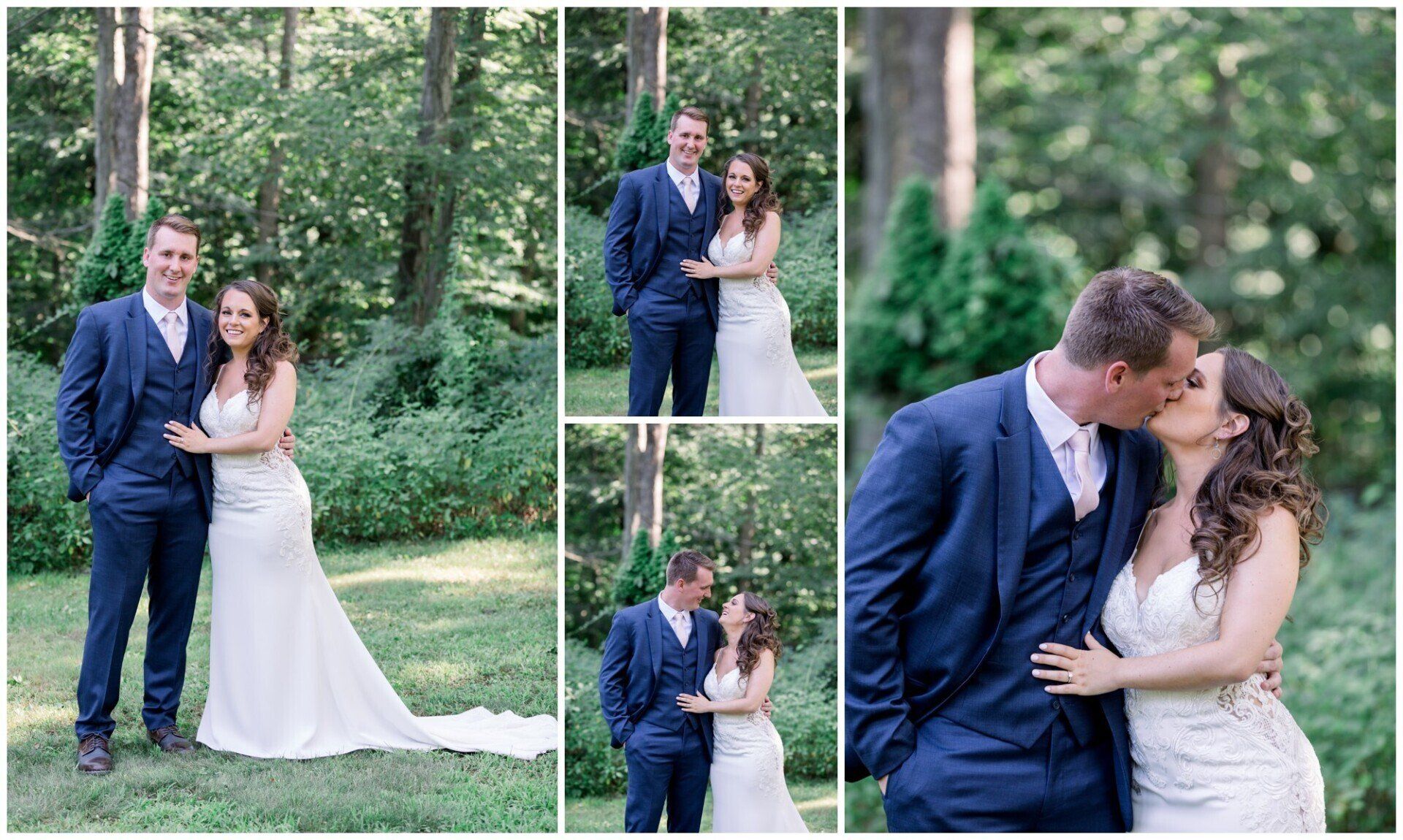 Bride and groom pose and kiss in a wooded garden, with a wedding collage of standing and close-up shots