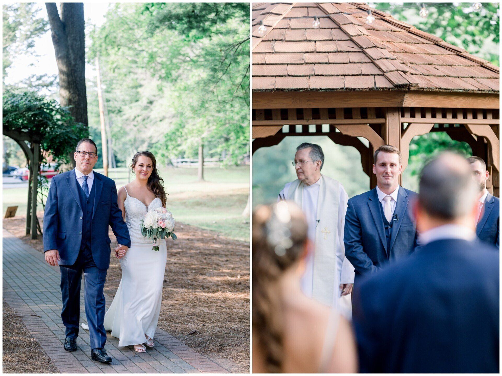Wedding procession under a gazebo, with a bride in white and a man in a blue suit walking outdoors.