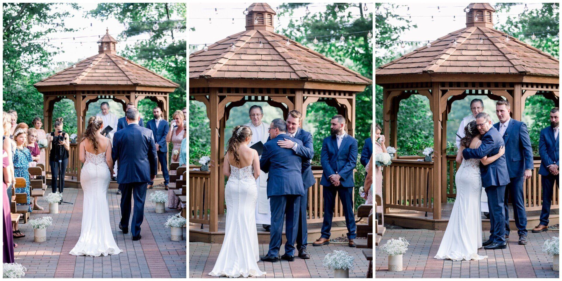 Wedding couple and officiant at an outdoor gazebo ceremony, shown in three side-by-side moments.