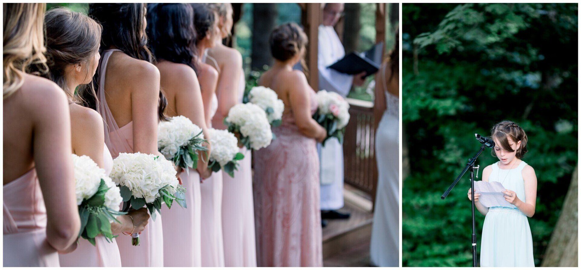 Bridesmaids in blush dresses holding white bouquets during an outdoor wedding ceremony