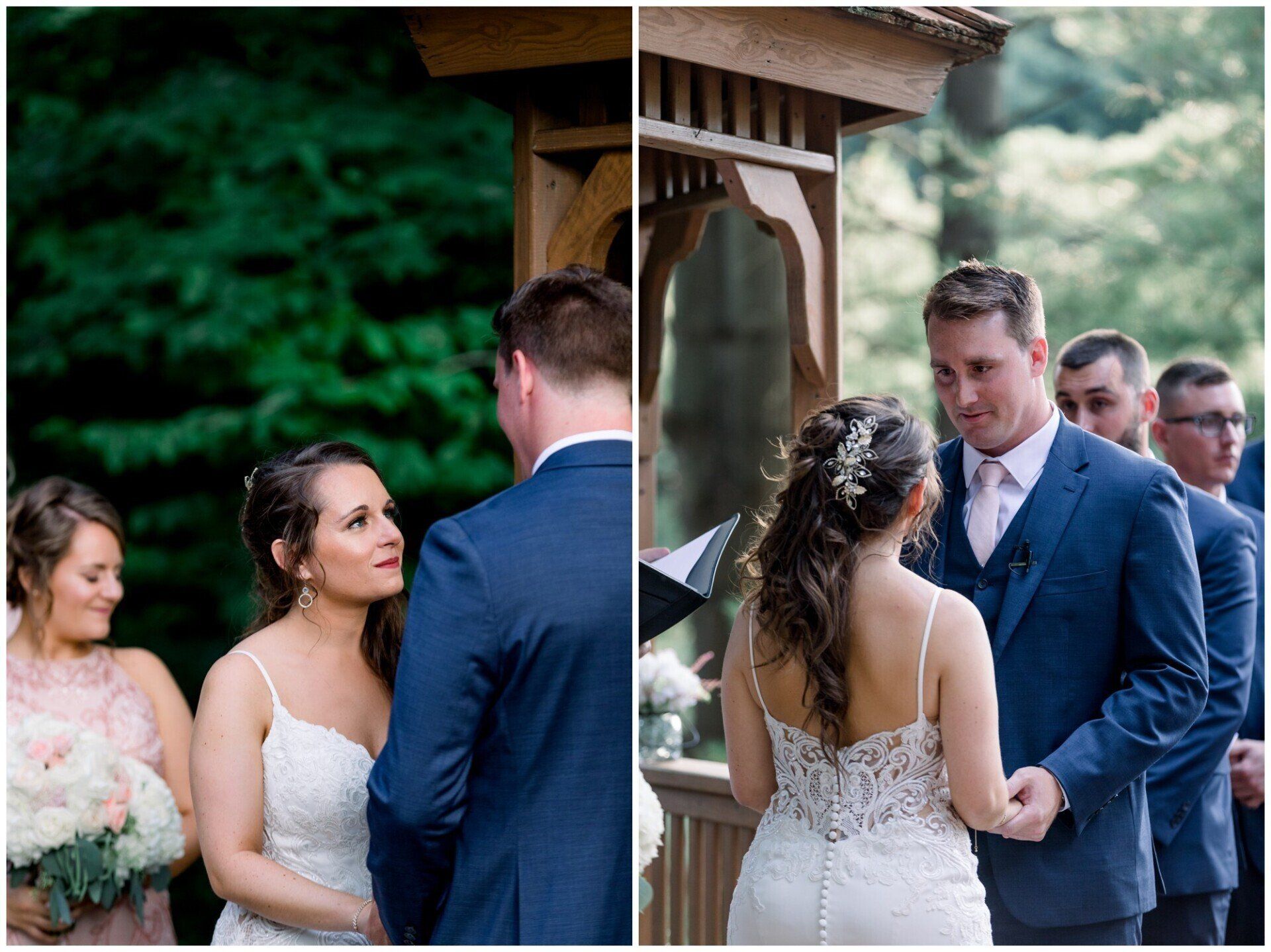 Bride and groom exchanging vows at an outdoor wedding ceremony under a wooden gazebo